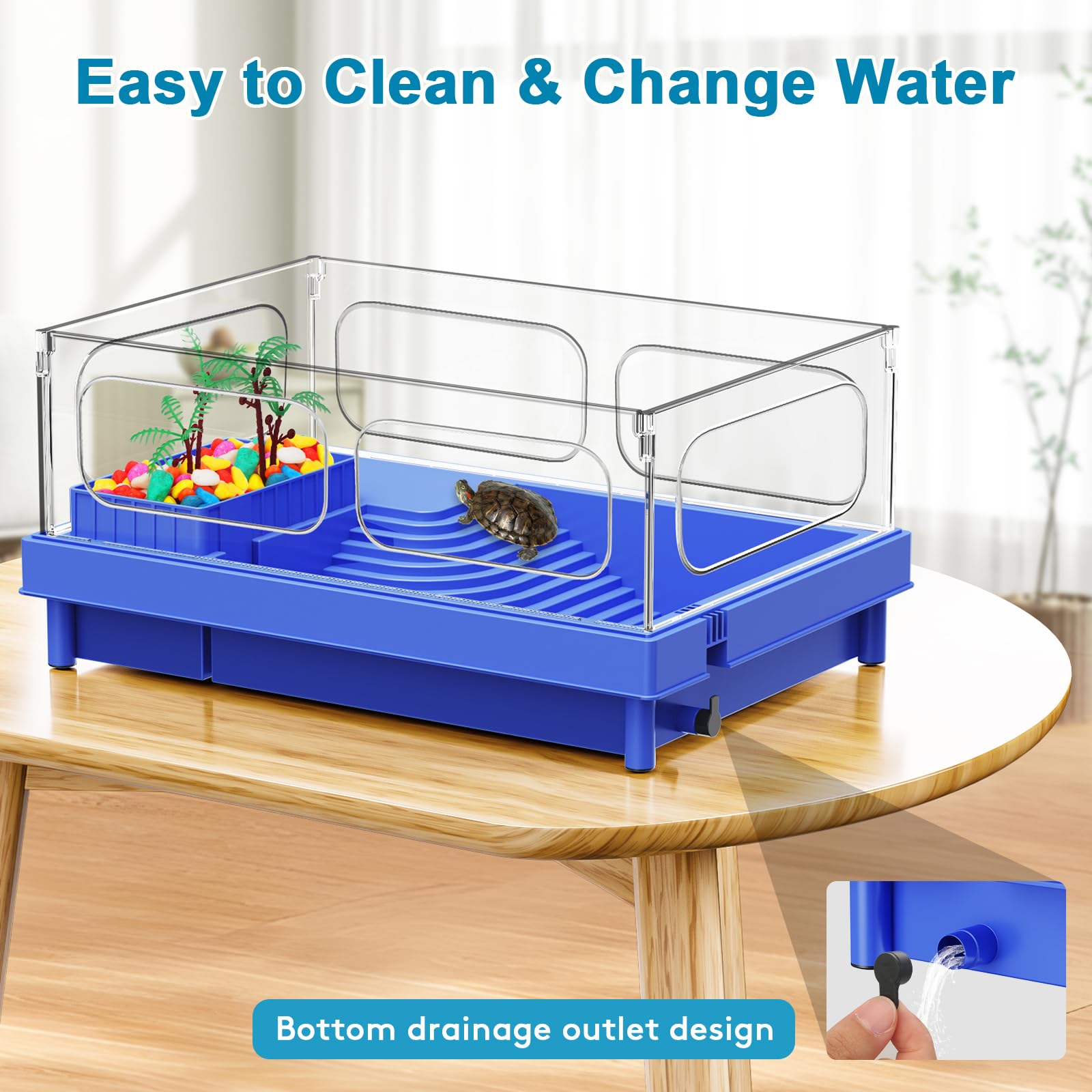 Geegoods Turtle Tank, Blue Small Turtle Aquarium, Turtle Habitat With Basking Platform