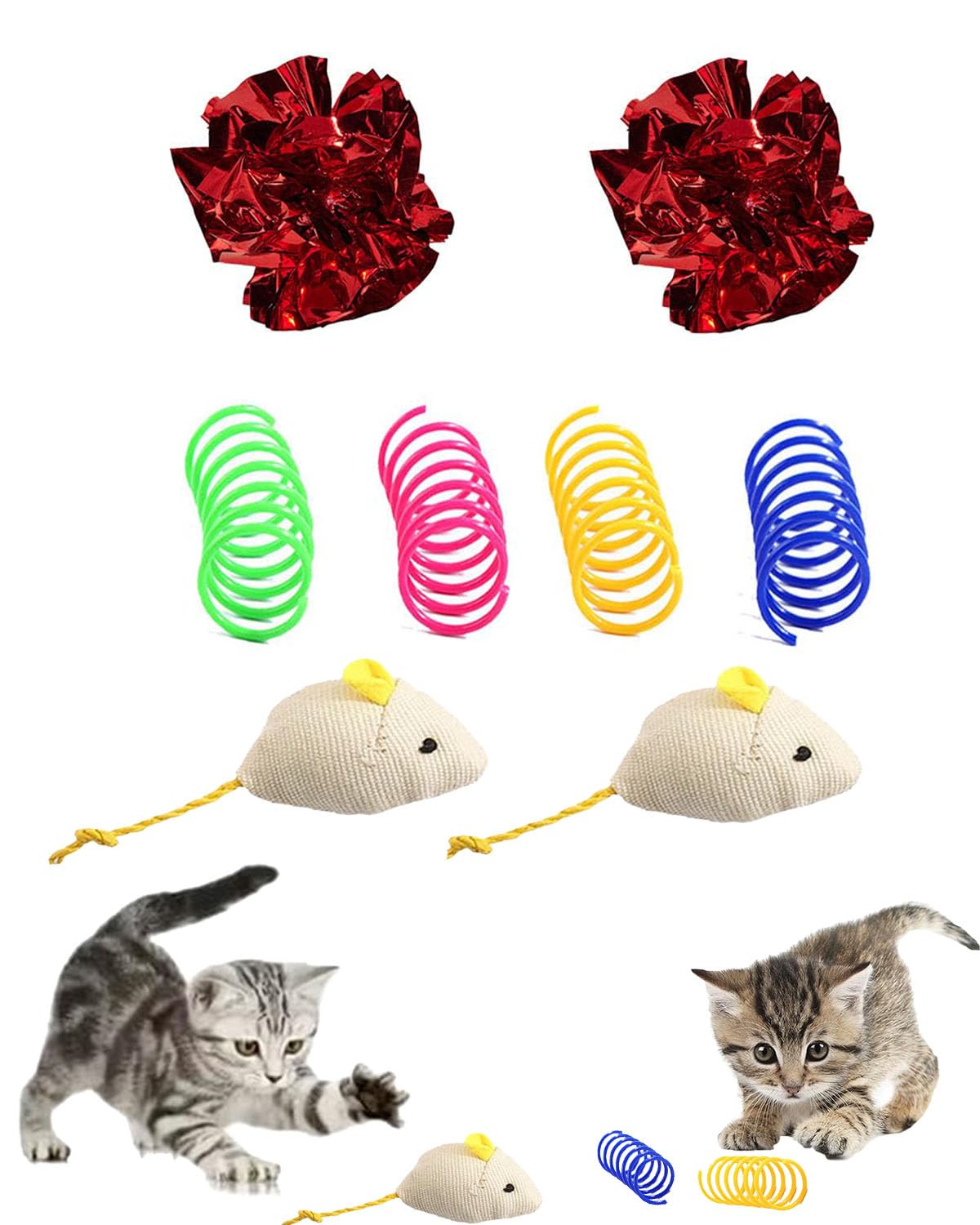 Vihaanta 8 Pcs Cat Springs, Interactive Cat Toy Set, Includes 2 Mouse Figurines, 4 Colorful Springs, 2 Crinkle Balls, Durable An