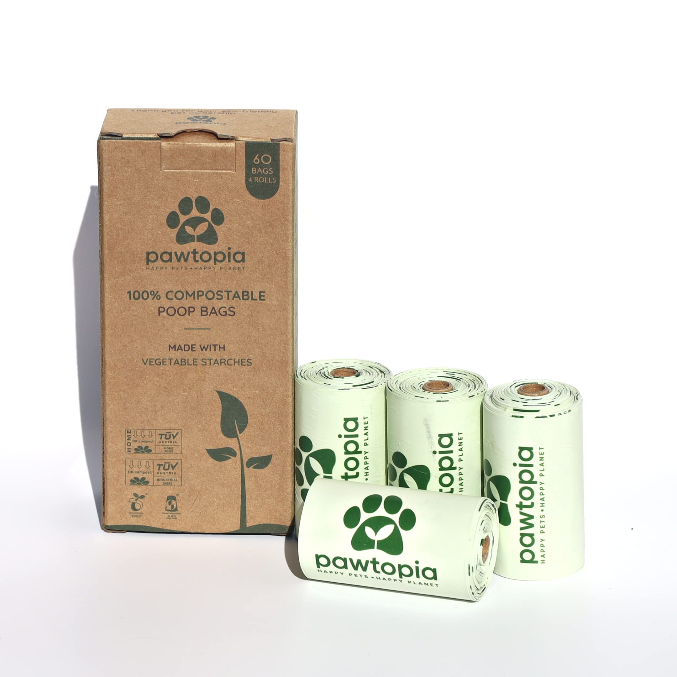 Pawtopia Certified Home Compostable Dog Poop Bags (60 Bags + Pink Carrier Pad), Biodegradable, Cat Litter, Vegetable Starches, L