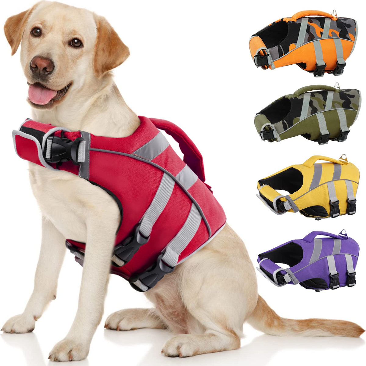 Kuoser Dog Life Jacket With Reflective Stripes, Adjustable High Visibility Dog Life Vest With High Flotation Swimsuit For Small Medium And Large Dogs