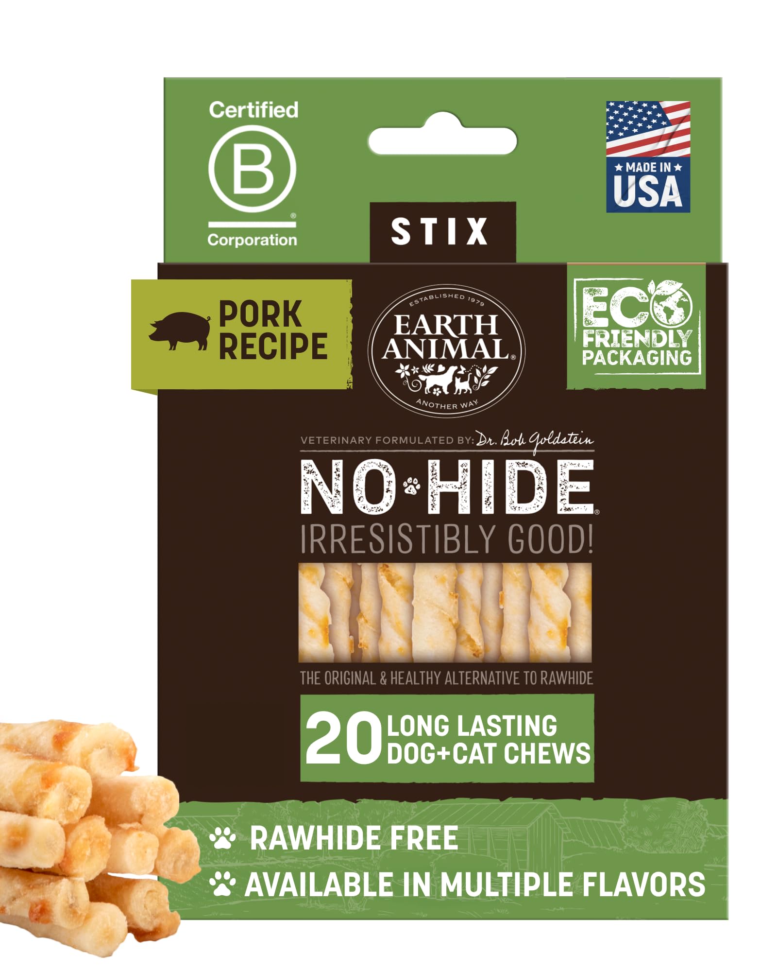 Earth Animal No Hide Stix - Long Lasting Rawhide Free Small Dog Chews Sticks, Pork - 20 Count Value Pack