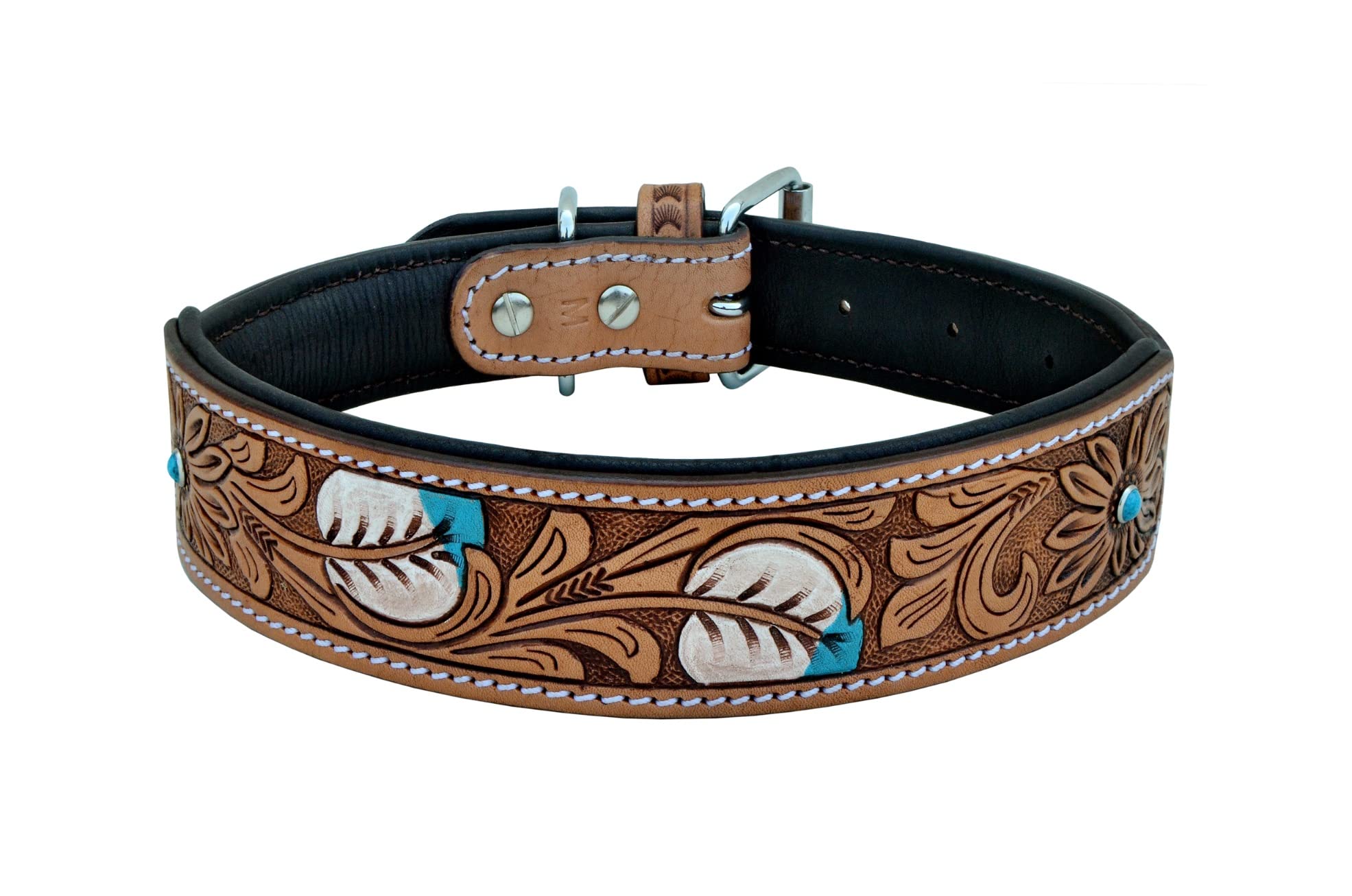Affilare Leather Dog Collar Western Style Heavy Duty Hand Tooled Adjustable Padded Soft For Puppies And Big Dogs 10Ab117-M