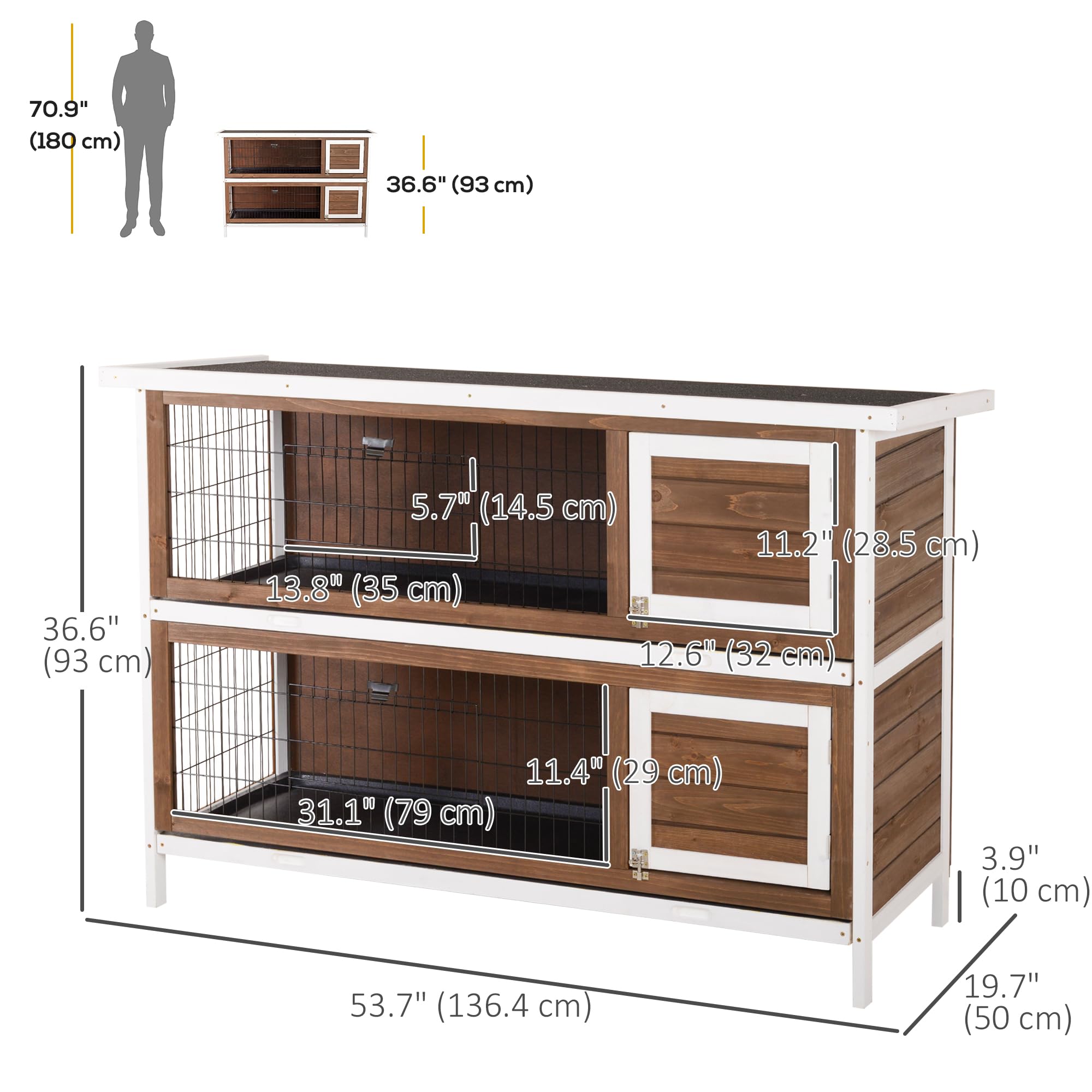 Pawhut 54' 2-Story Large Rabbit Hutch Bunny Cage Wooden Pet House Small Animal Habitat With Lockable Doors, No Leak Tray And Waterproof Roof For Outdoor/Indoor Brown