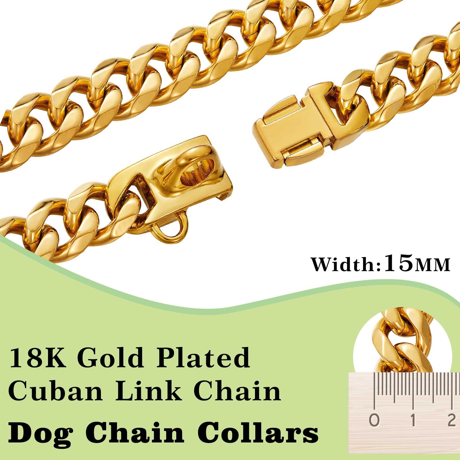 Stainless Steel Silver Gold Dog Collars With Safety Buckle Lock,18K Cuban Link Chain Training Collar,15Mm Strong Dog Necklace He