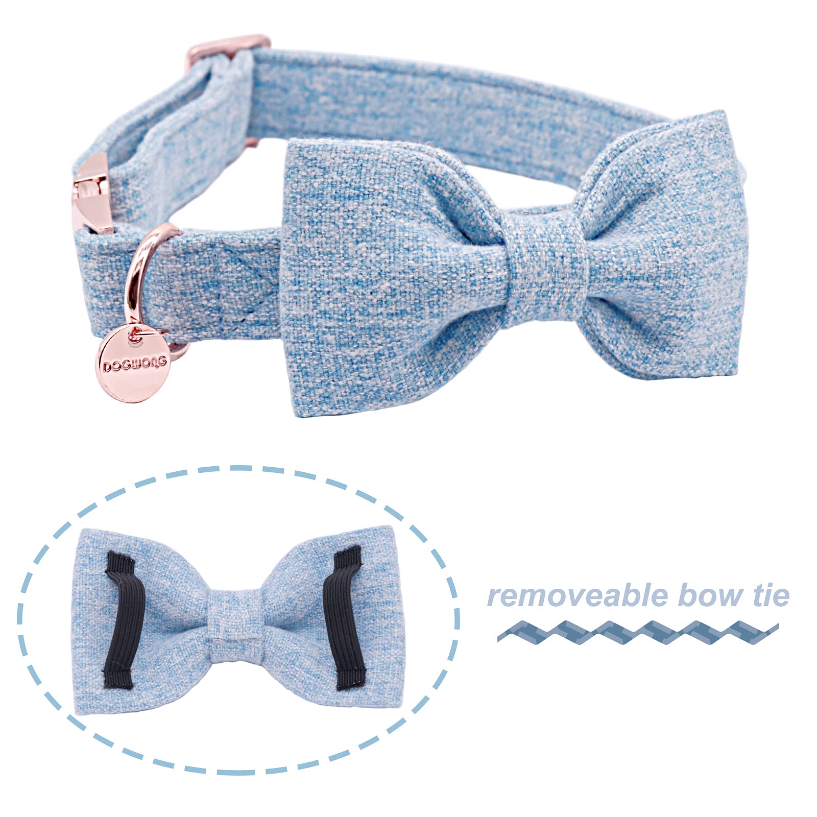 Dogwong Hemp Cotton Dog Collar With Bow, Blue Pet Collar Durable Adjustable Puppy Collar For Small Dogs