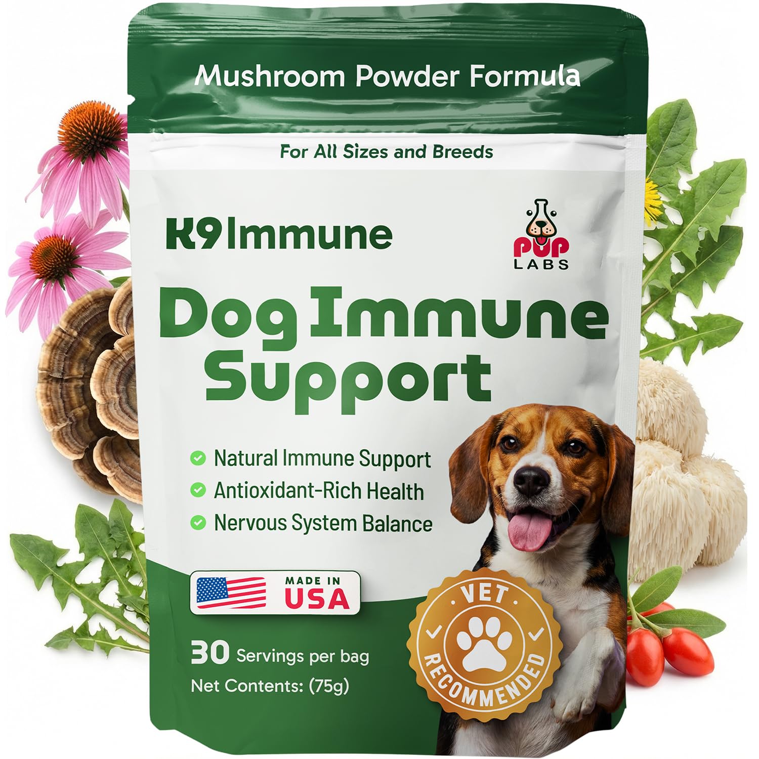 K9 Immune, All-Natural Mushroom Powder for Dogs for Immunity, Digestion, Joints, & Energy, Antioxidant-Rich & USA-Made, Dog Immu