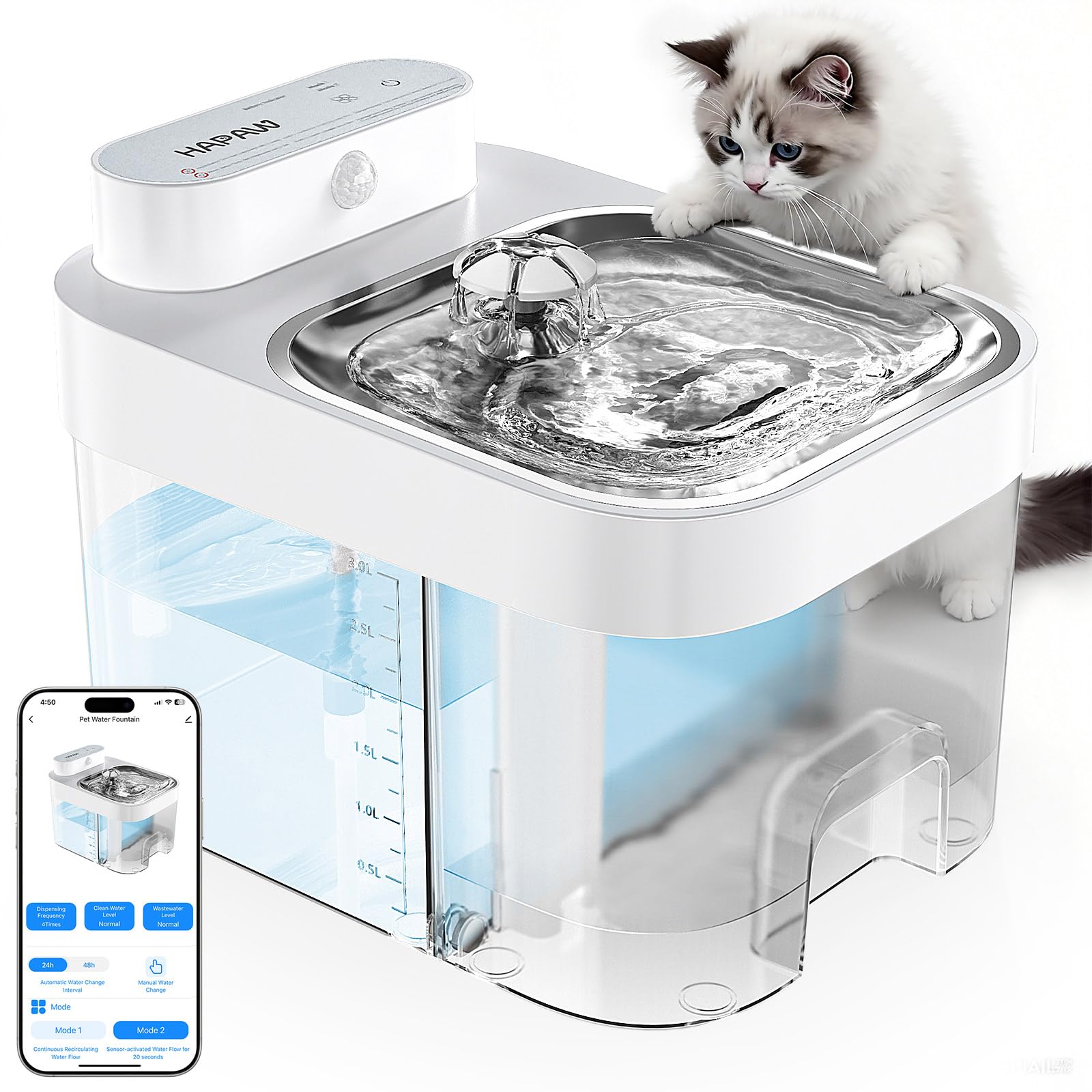 HAPAW 2026 Latest Cat Water Fountain, No Filter Cotton, App Monitoring Wastewater Separation Wireless Pet Fountain, 5000mAh Batt