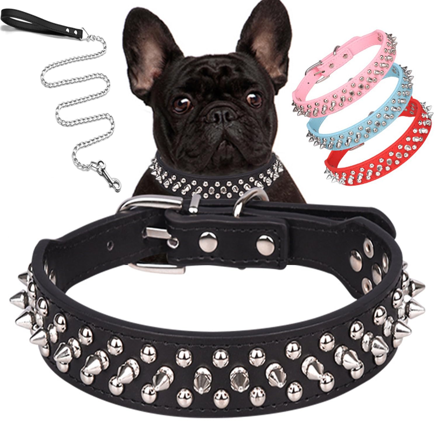 Serijoars Spiked Dog Collar Soft Pu Leather Mushrooms Rivet Spike Studded Dog Collar Adjustable Puppy Collars (L, Black Set)