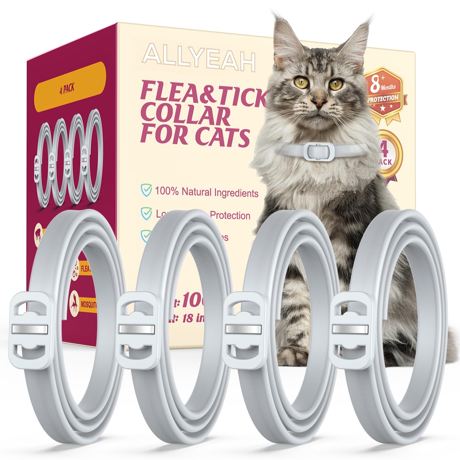 Natural Flea and Tick Collar for Cats - 4 Pack, Long-Lasting Protection, Waterproof, Adjustable Size for Kittens and Adult Cats