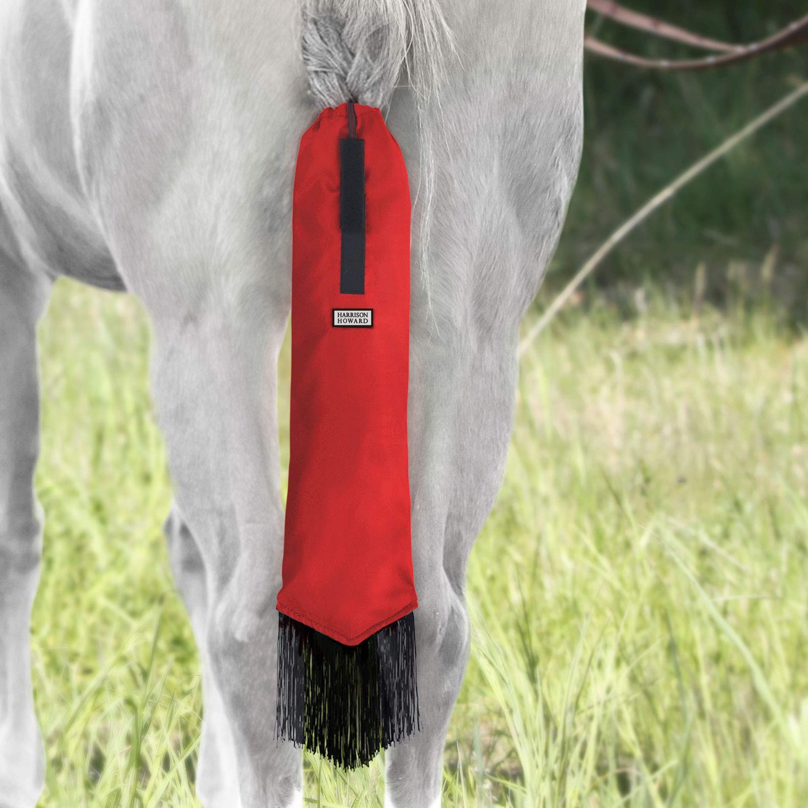 Harrison Howard Smooth Lightweight Adjustable Fastener Nylon Horse Tail Bag With Fringe-Scarlet Red