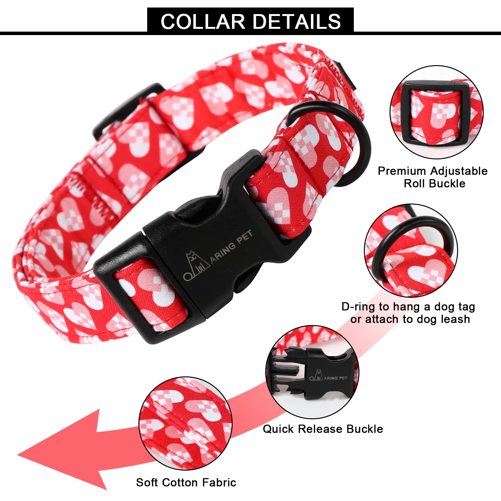 Aring Pet Valentine'S Day Dog Collar-Cotton Heart Dog Collars, Adjustable Valentine Heart Pet Collars Puppy Collar With Quick Re