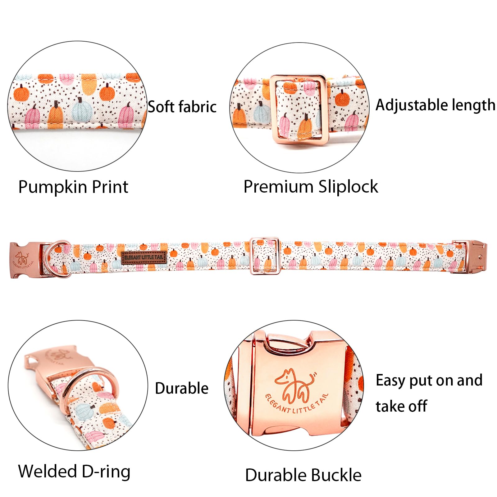 Elegant Little Tail Dog Collar - Halloween Pumpkin Print Pet Collar For Small Dogs, Puppies - Cotton With Metal Buckle, Adjustab