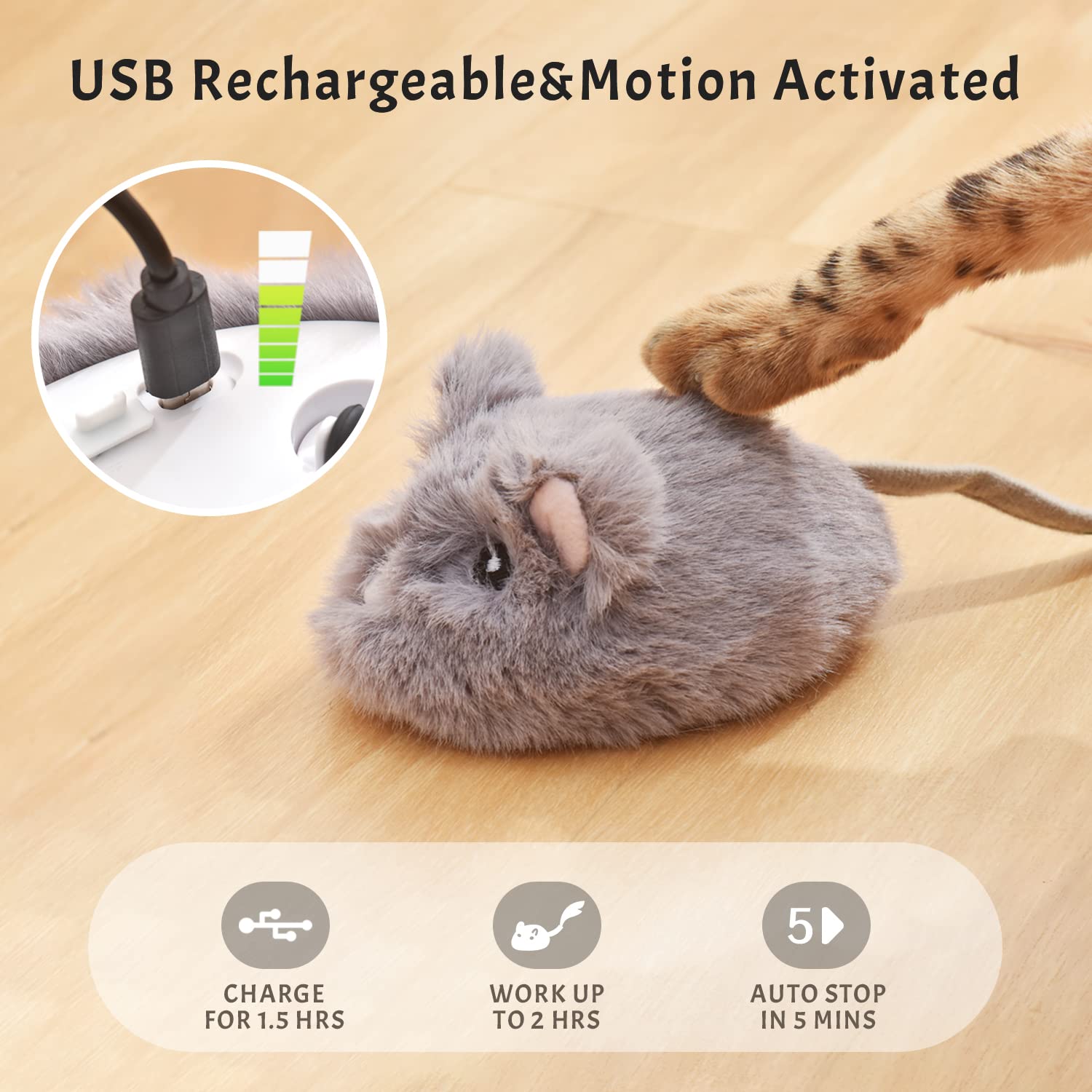 Pawthquake Automatic Cat Toy Cat Mouse Toy Moving Cat Toy With Furry Tail Boredom Busters Interactive Cat Toys For Indoor Cats H