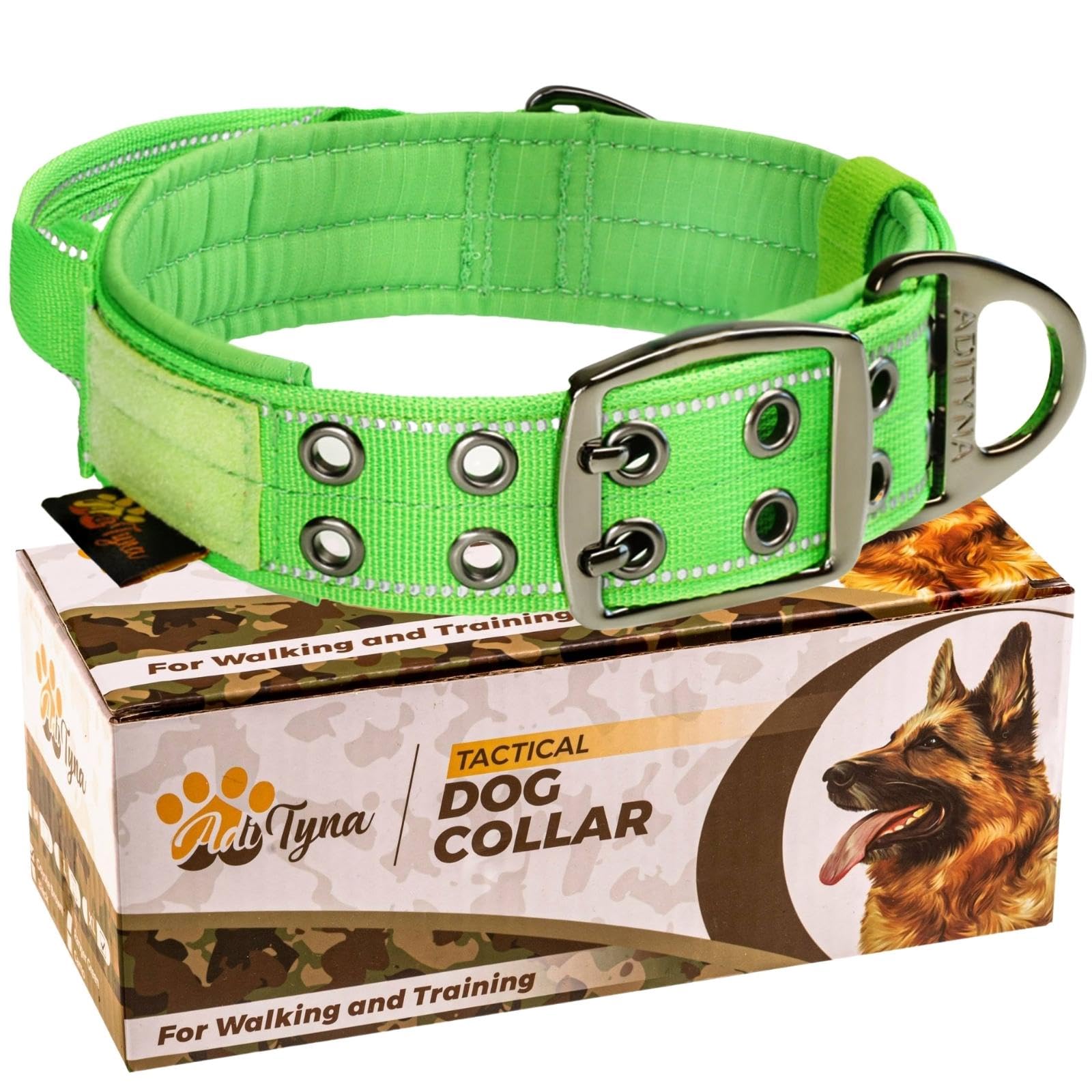 Adityna Heavy Duty Dog Collar For Medium Dogs - Reflective Green Collar With Handle For Training, And Walking - Wide, Thick, Tac