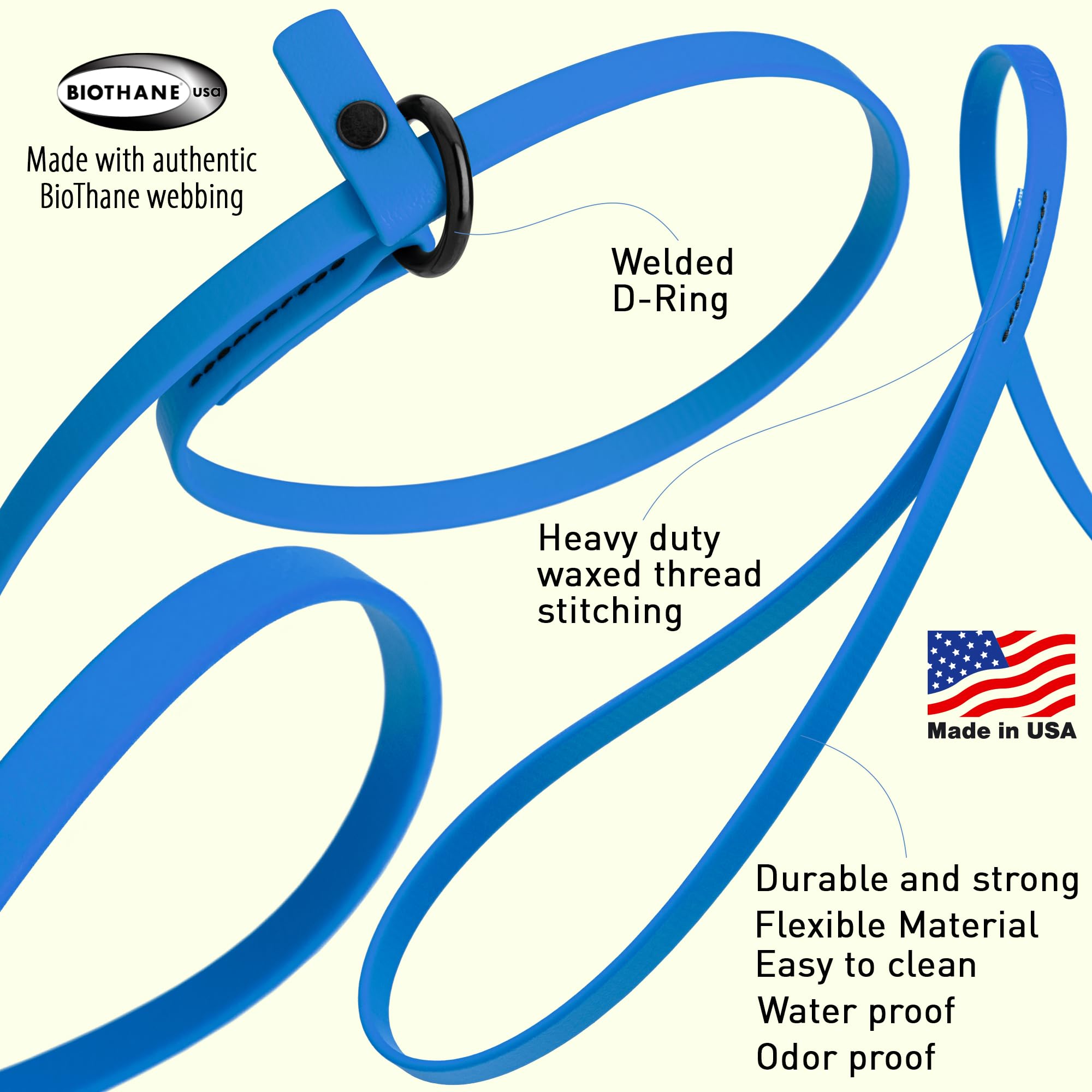 Dogline Biothane Slip Dog Leash - For Small, Medium And Large Dogs - Odor Free Slip Lead, Heavy Duty And Durable Material Kennel Lead - Cerulean Blue - 7Ft L X 1/2In W