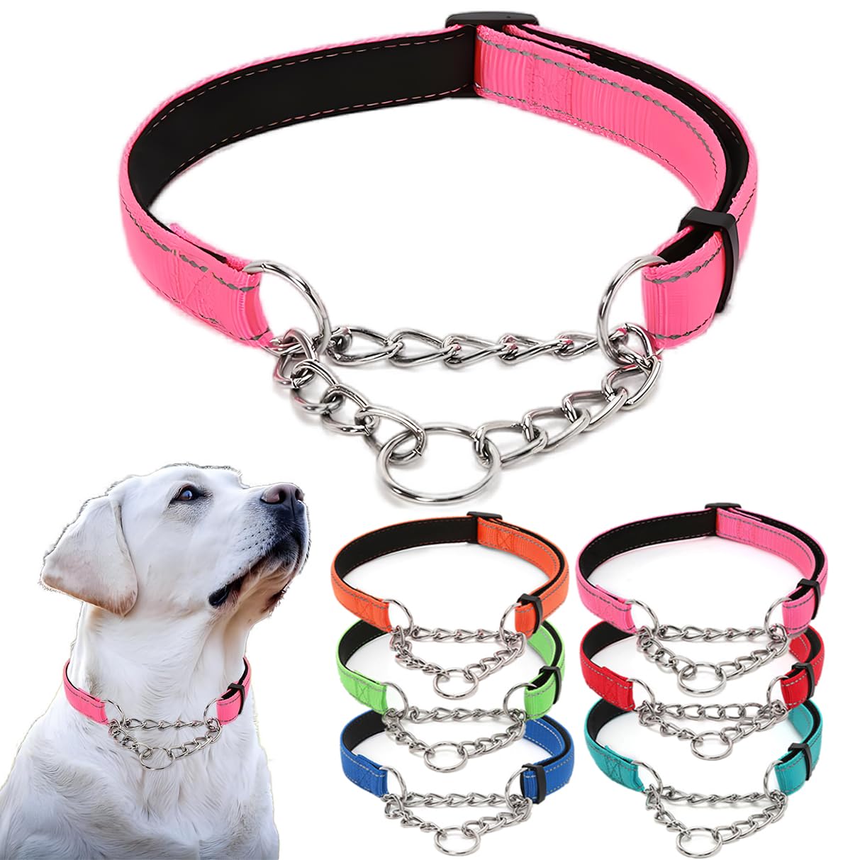 Pink Martingale Collar For Dogs, Reflective Nylon Dog Collar Adjustable Stainless Steel Chain Collar Female No Pull Pet Training Collar For Small Medium Large Dogs, Xl