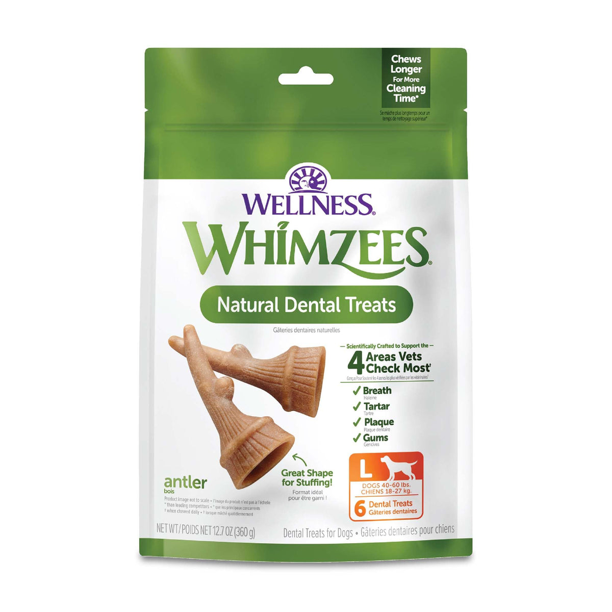 Whimzees By Wellness Occupy Antler Natural Dental Chews For Dogs, Long Lasting Treats, Grain-Free, Freshens Breath, Large Breed, 6 Count