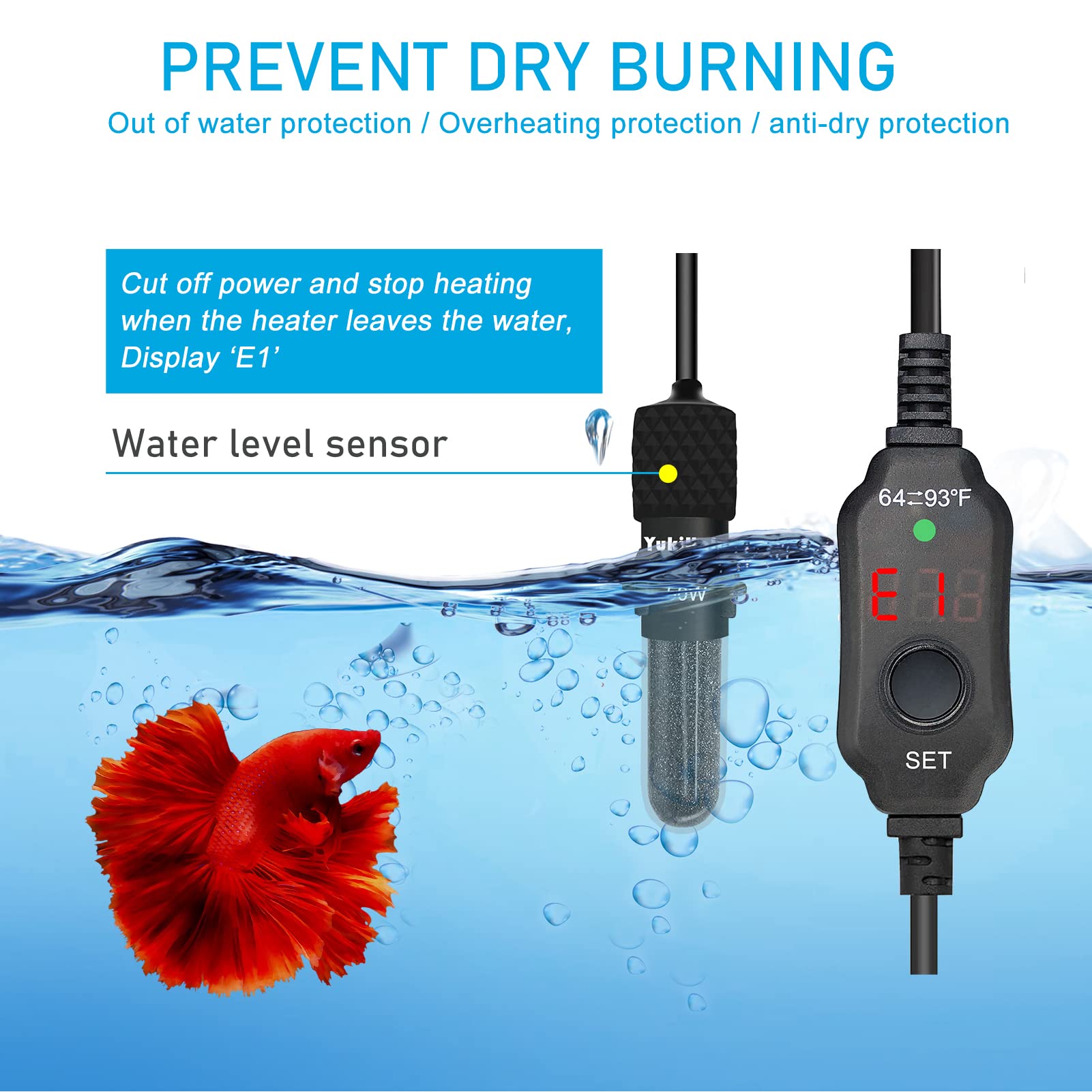 Yukihalu Small Submersible Aquarium Heater, Adjustable Mini Fish Tank Heater 25W 50W 100W 200W 300W With External Temperature Co