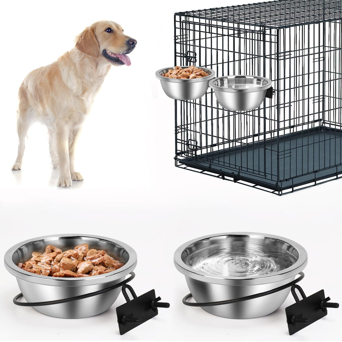 Crate Bowls For Large Dogs, Shineme Heavy Duty Hanging Dog Bowls For Kennel Cage Crates, No Spill Stainless Steel Dog Crate Wate