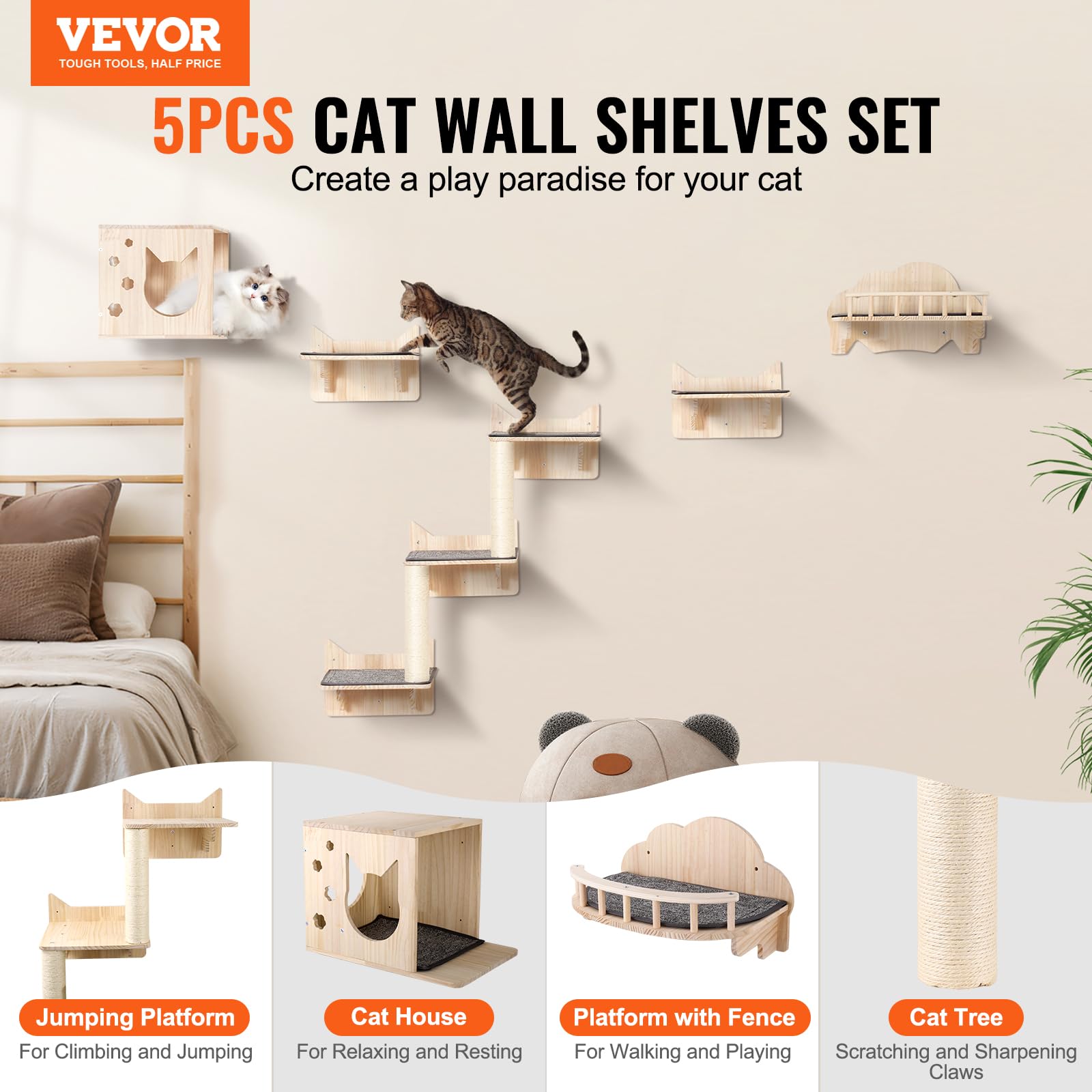 VEVOR Wall Mounted Cat Shelves and Perches With Jumping Boards, Nest, Barrier Board & Tree, Floating Furniture up to 40 lbs for