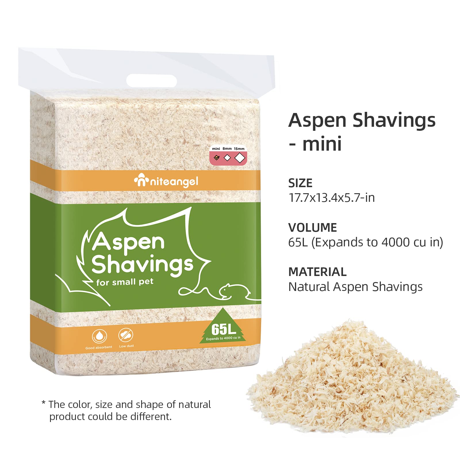 Niteangel 65L Aspen Shaving Hamster Beddings For Syrian Dwarf Hamster Gerbil Mice Degu Rat Rabbit Bunny Guinea Pig Chinchilla Hedgehog Or Other Small Pets (65L - Mini)