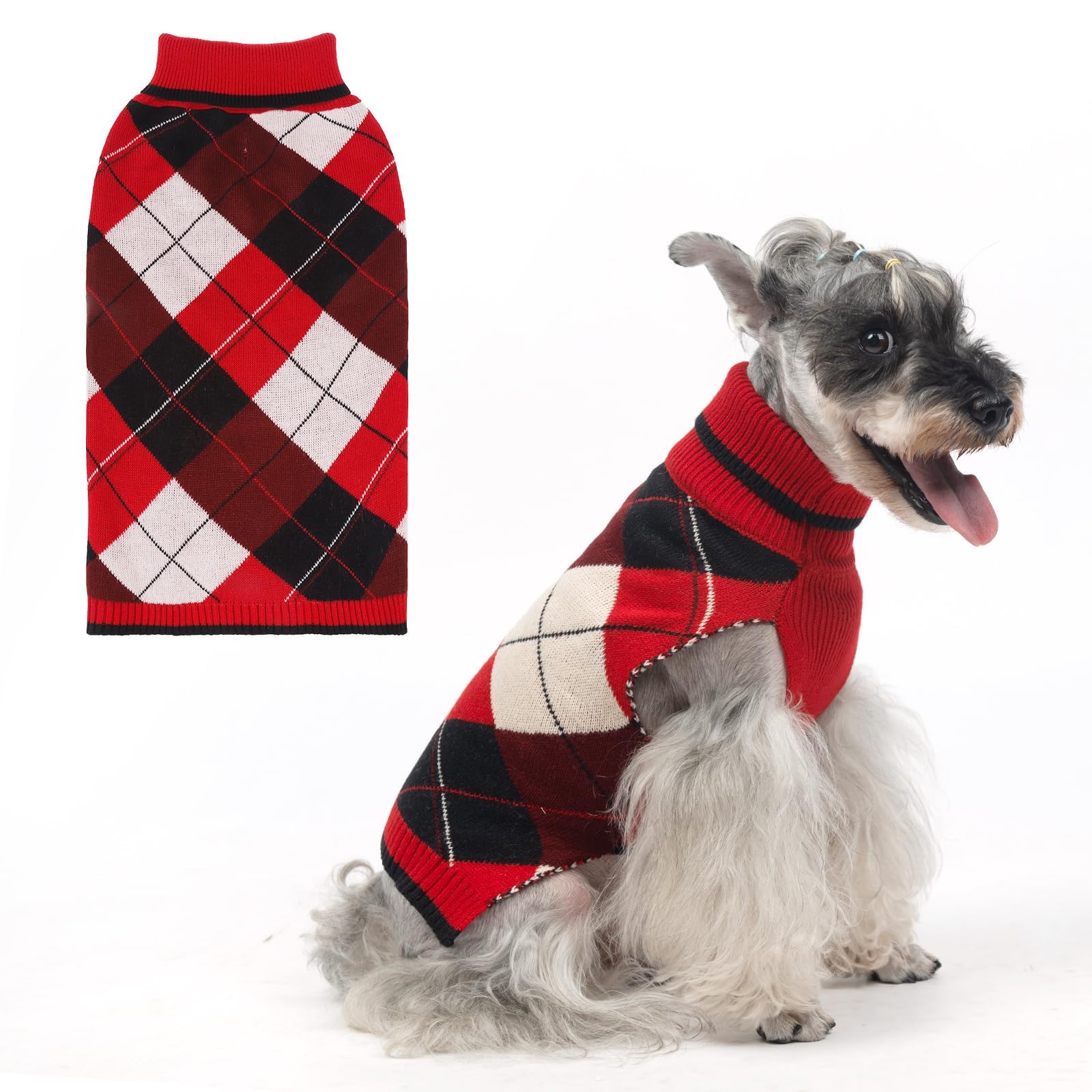 KOOLTAIL Dog Sweater Pet Knitted Clothes-Classic Plaid Pullover Turtleneck Red Fleece Dog Christmas Sweaters with Leash Hole, Th