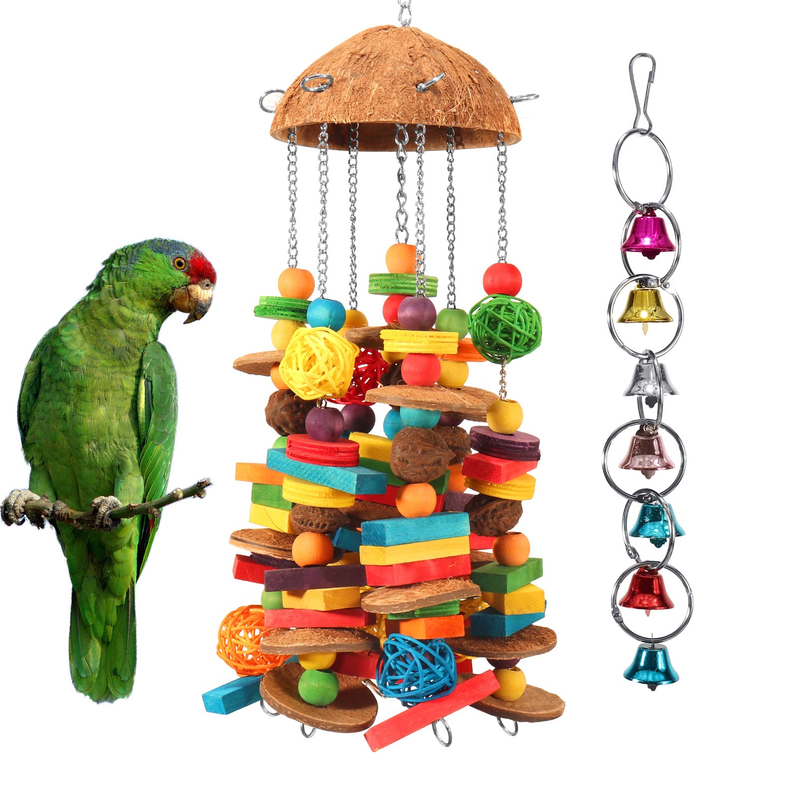 Lifeunion Bird Parrot Toys Natural Large Parrot Blocks Toy Colorful Bird Chewing Toys with Bells for Macaw Cockatoo African Grey