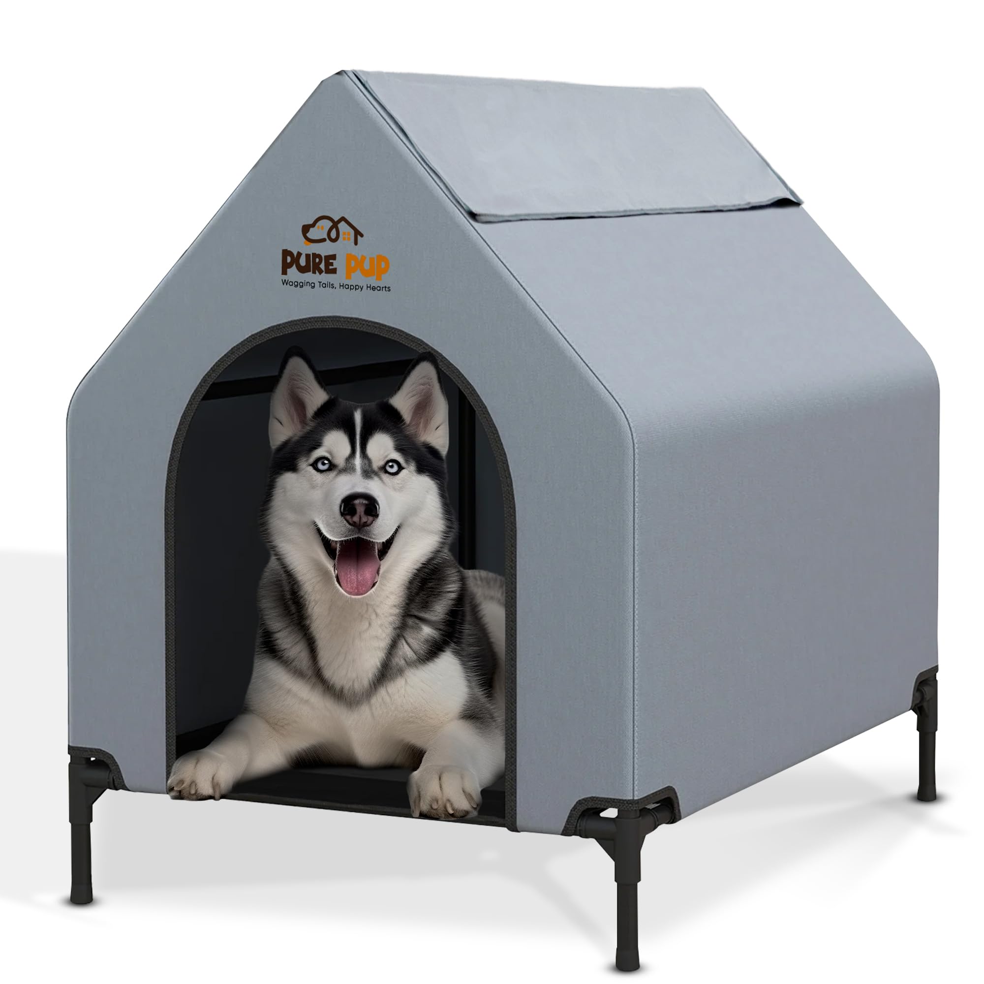 Pure Pup Outdoor Dog House With Elevated Bed, Weatherproof Canopy, Breathable Mesh Fabric With Windows - Ideal Shelter For Breed