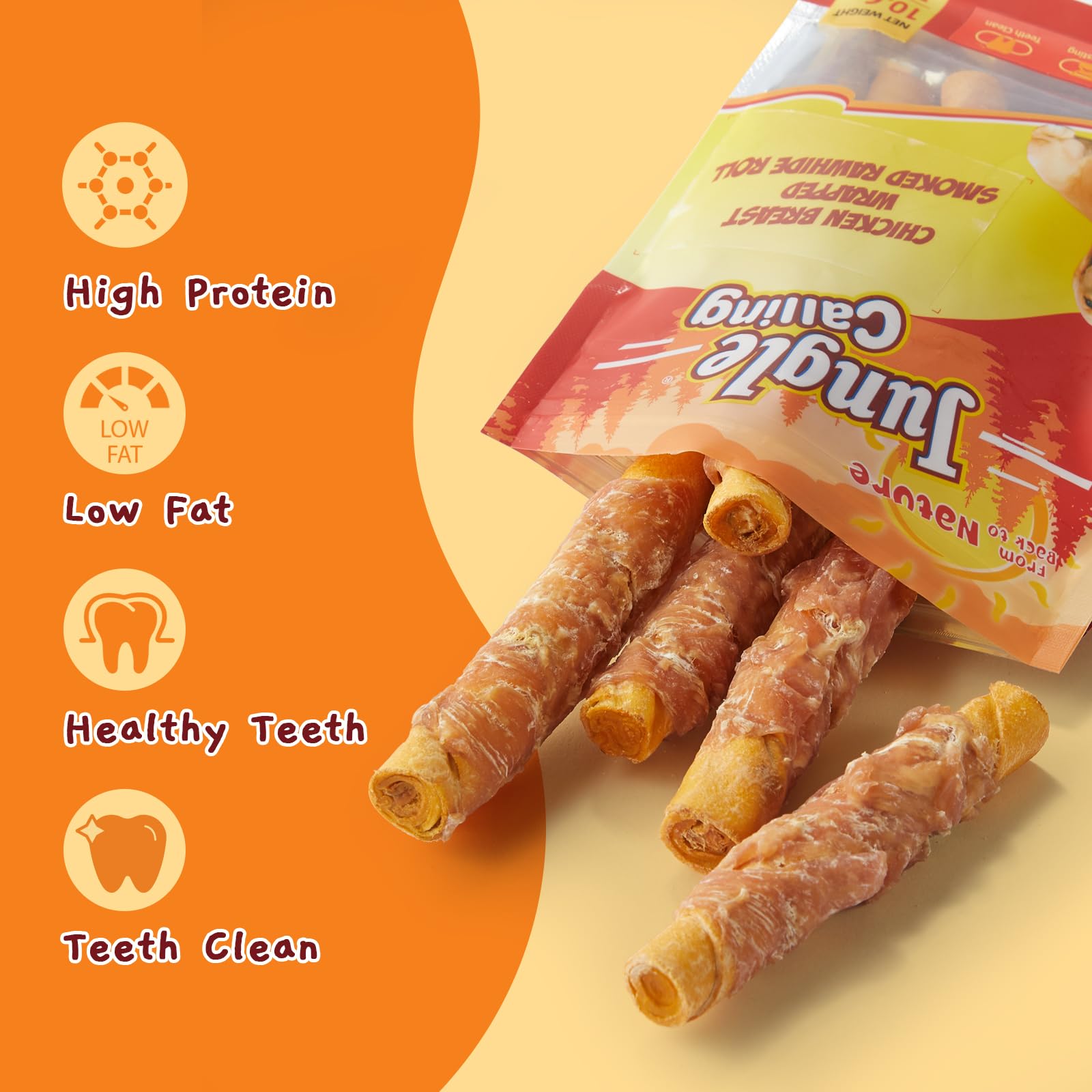 Jungle Calling Dog Treats Smoked Chicken Wrapped Rawhide Rolls, High Protein Dog Chews, Rawhide Chews for Medium and Large Dogs,