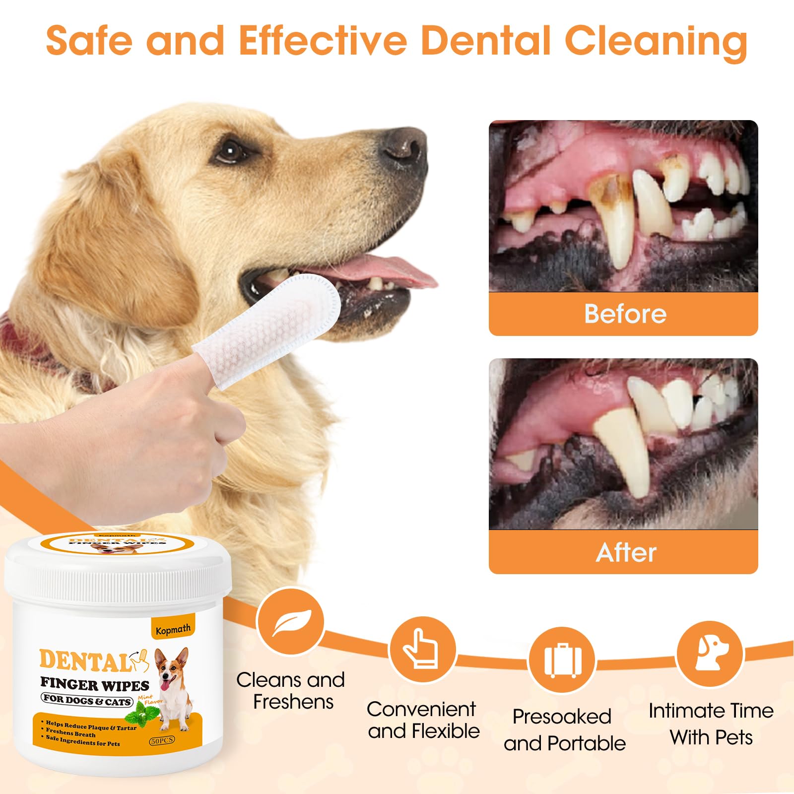Kopmath Dental Care Finger Wipes For Dogs & Cats, Reduces Plaque & Tartar, Freshens Breath, Pre-Soaked Pet Teeth Wipes, Easy To