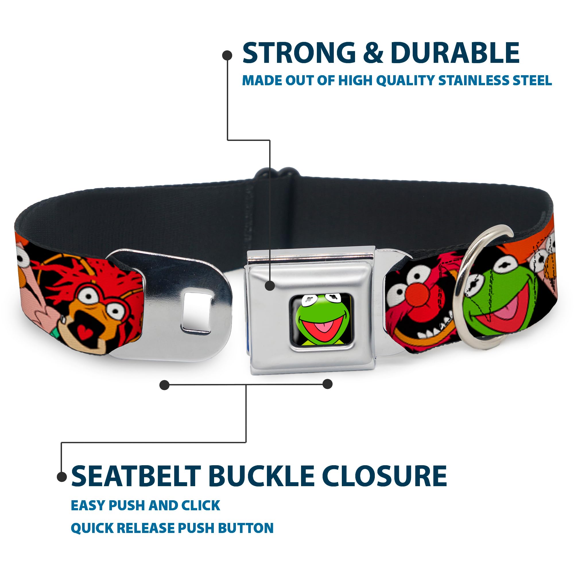 Buckle-Down Seatbelt Buckle Dog Collar - Muppets Faces Black - 1'' Wide - Fits 15-26'' Neck - Large