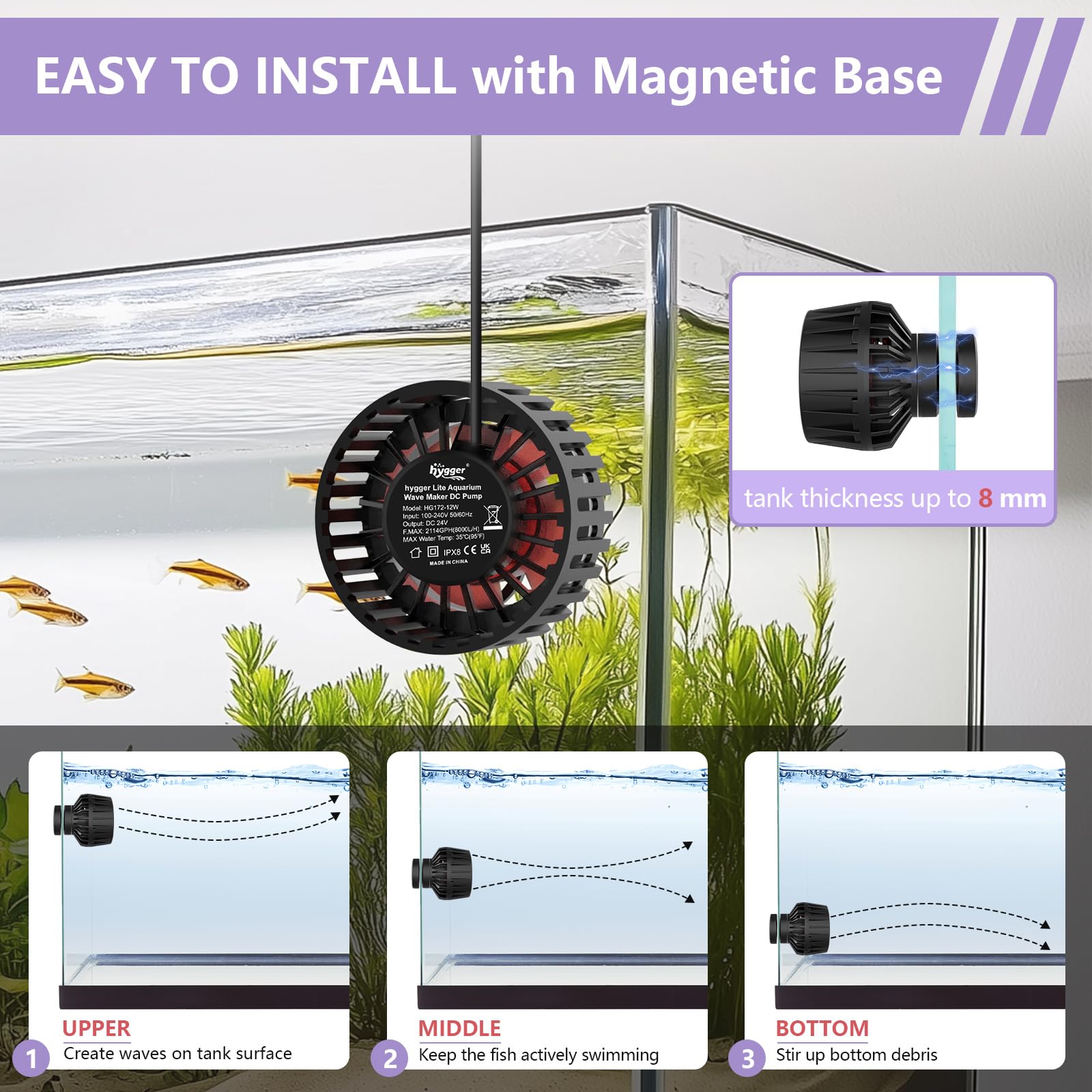 hygger Lite Wave Maker For 50-120 Gallons Aquarium Adjustable Circulation Pump with Magnetic Base Fish Tank DC Powerhead for Cor