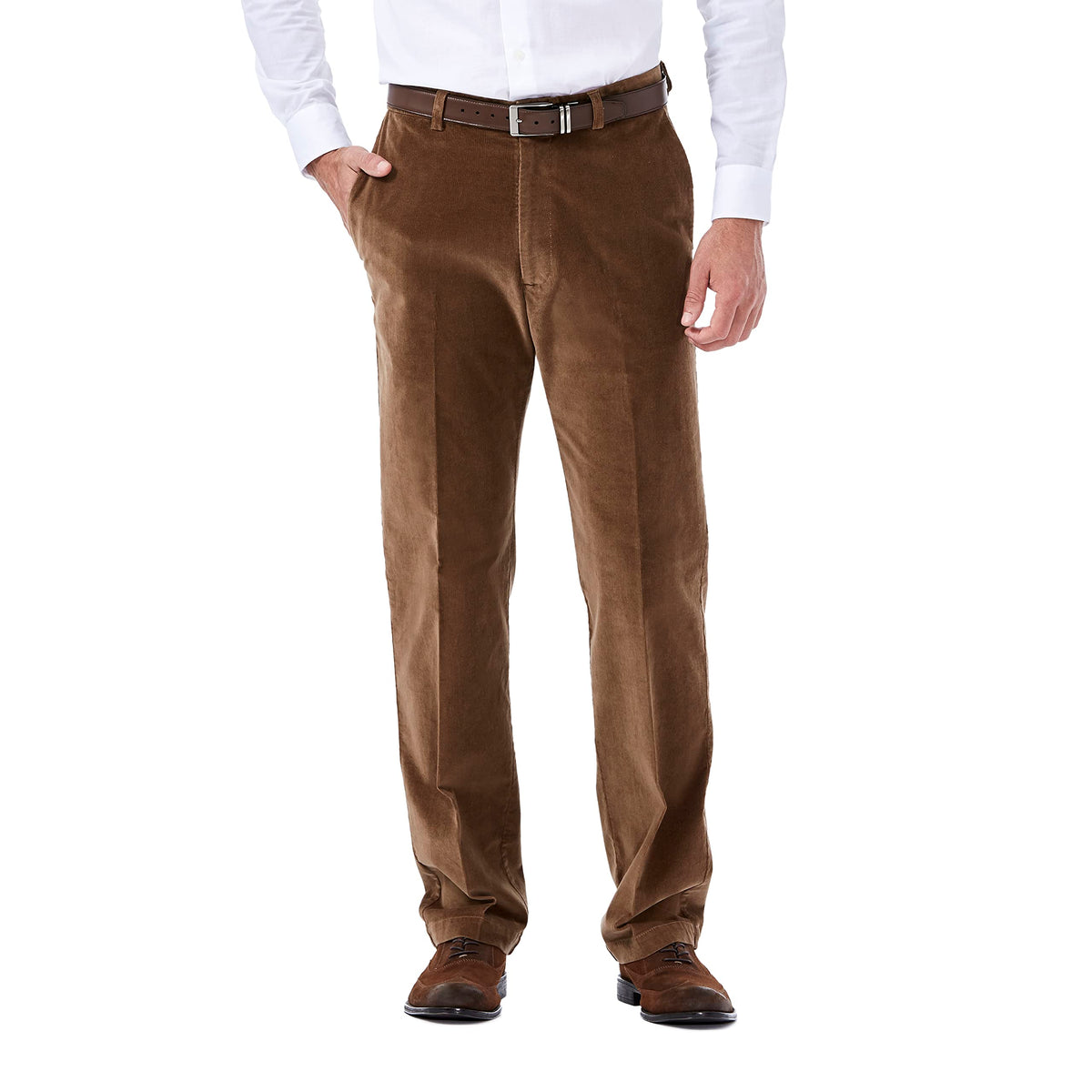 Haggar Mens Stretch Corduroy Expandable Waist Classic Fit Flat Front Casual Pants, Camel, 40W X 30L Us