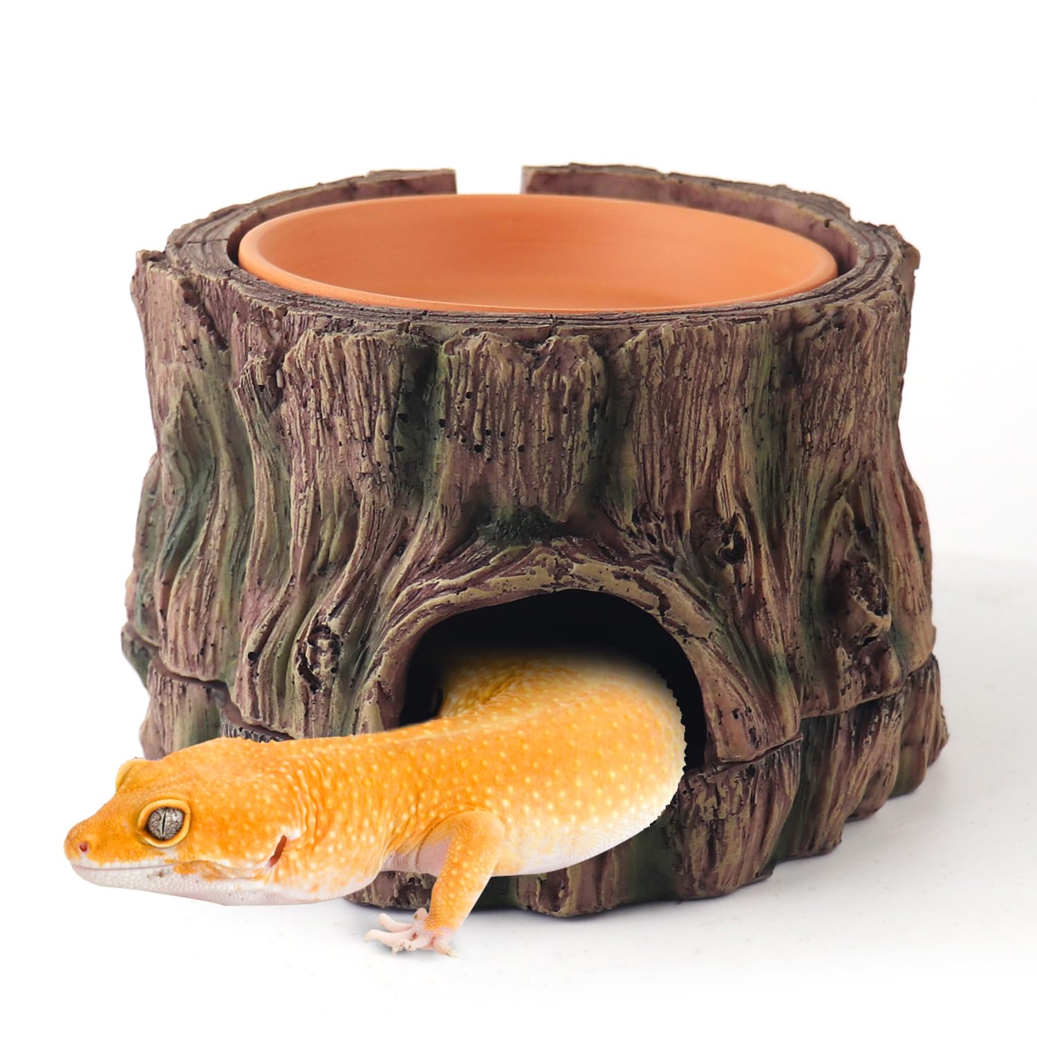 SORWATEE 3 in 1 Reptile Hide Cave with Humidifying Basin & Detachable Base, Terrarium Tank Decor Moisture Keeping Hideout Cave f