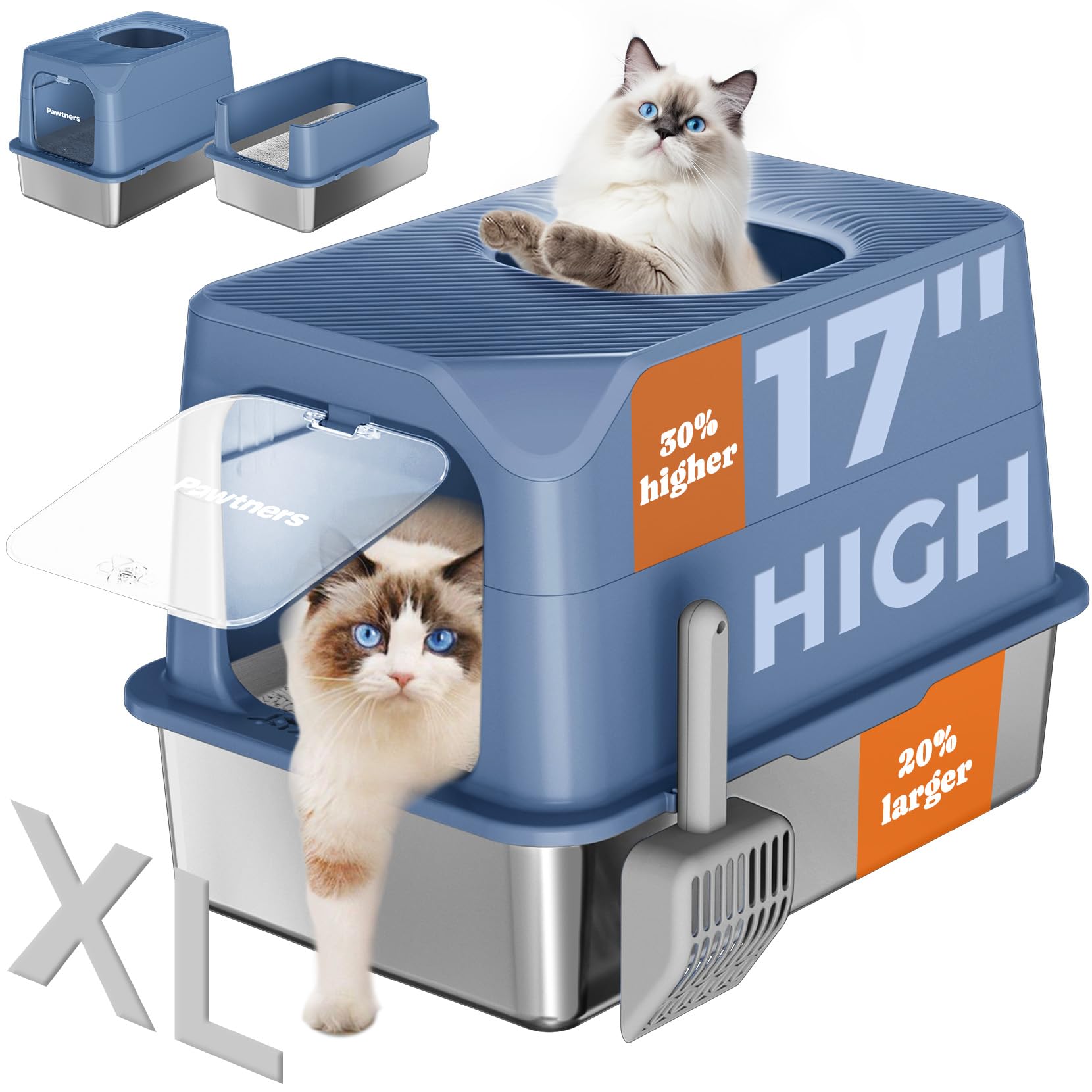 Pawtners Cat Litter Box, Xl Extra Large Stainless Steel Kitty Litter Pan, Front Entry Top Exit Enclosed Metal Cat Toilet For Odo