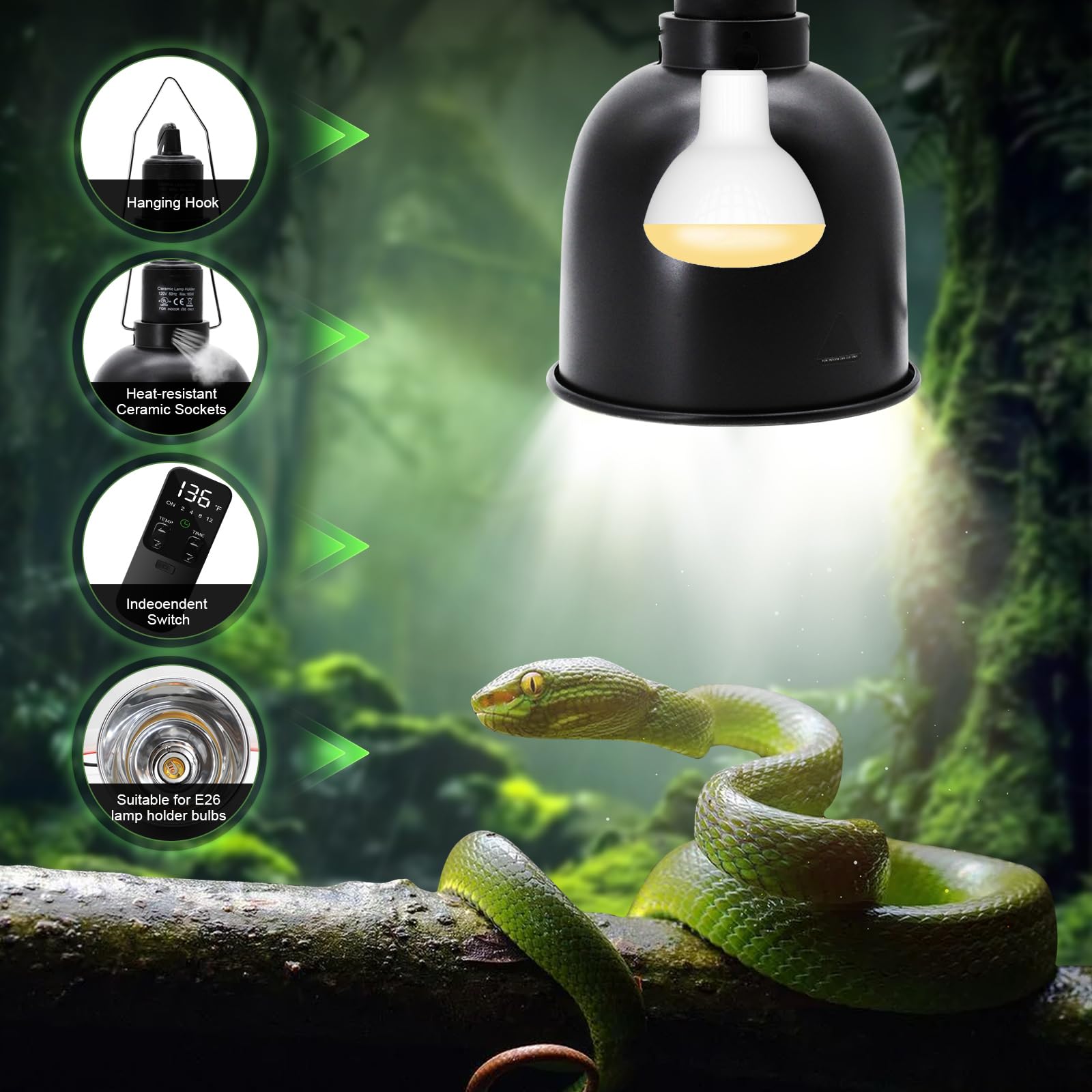 Mecesor 5.5'' Deep Dome Reptile Lamp Fixture With Thermostat Timer & Dual Controls, Heat-Resistant Ceramic Bulb Holder For Beard