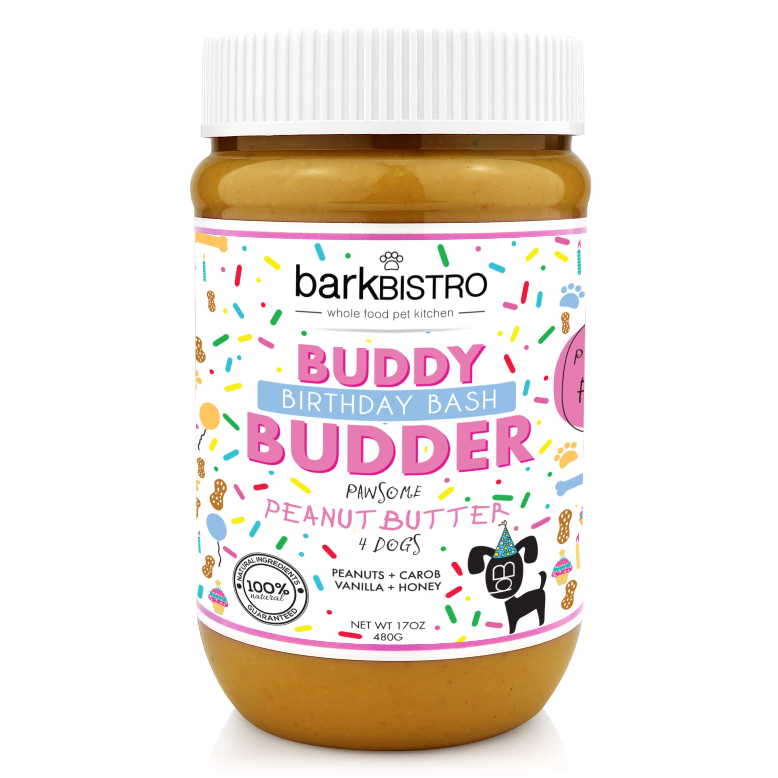 BUDDY BUDDER Birthday Bash, 100% Natural Dog Peanut Butter, Healthy Dog Peanut Butter Treat, Made in USA (17oz)