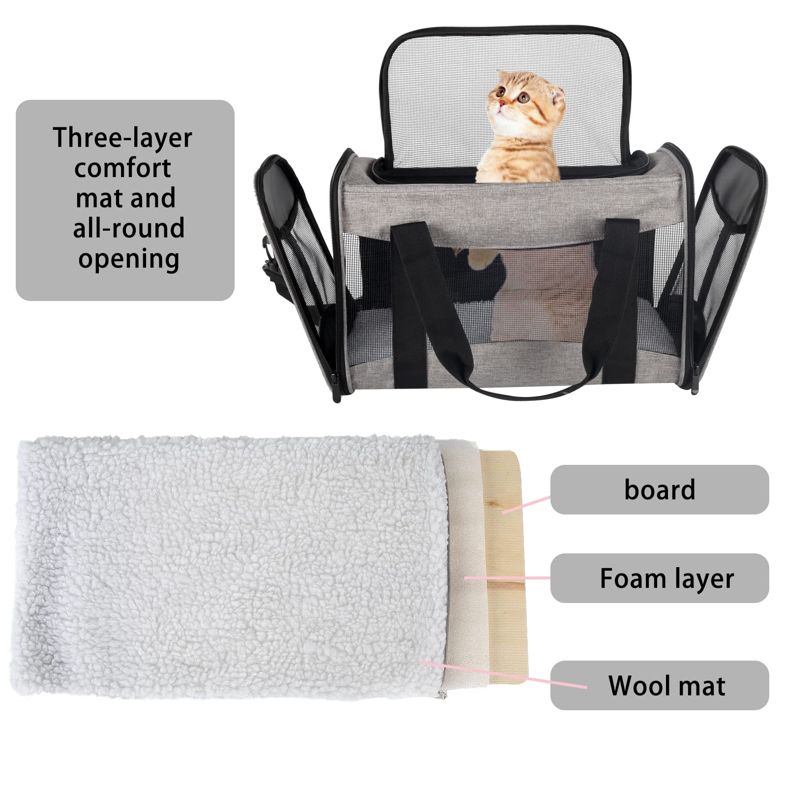 Cat Carrying Case - Pet Carrier Airline Approved, Protable And Breathable Pet Travel Carrier Removable Fleece Pad, Collapsible Cat Carrier Dog Carrier For Medium Cats Small Cats Dogs (Grey&Black M)