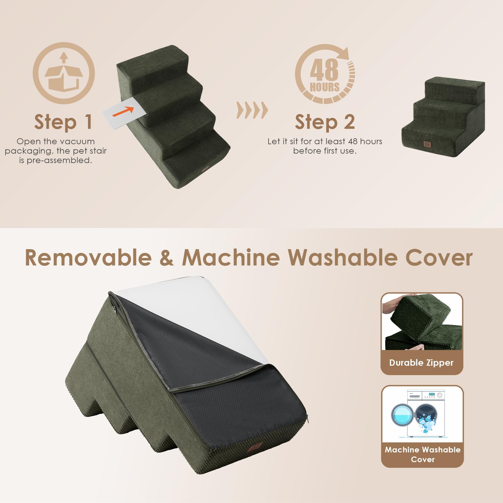 Eheyciga Dog Stairs For Small Dogs 13.5' H, 3-Step Dog Steps For Couch Sofa And Chair, Pet Steps For Small Dogs And Cats, Non-Slip Balanced Dog Indoor Ramp, Olive Green