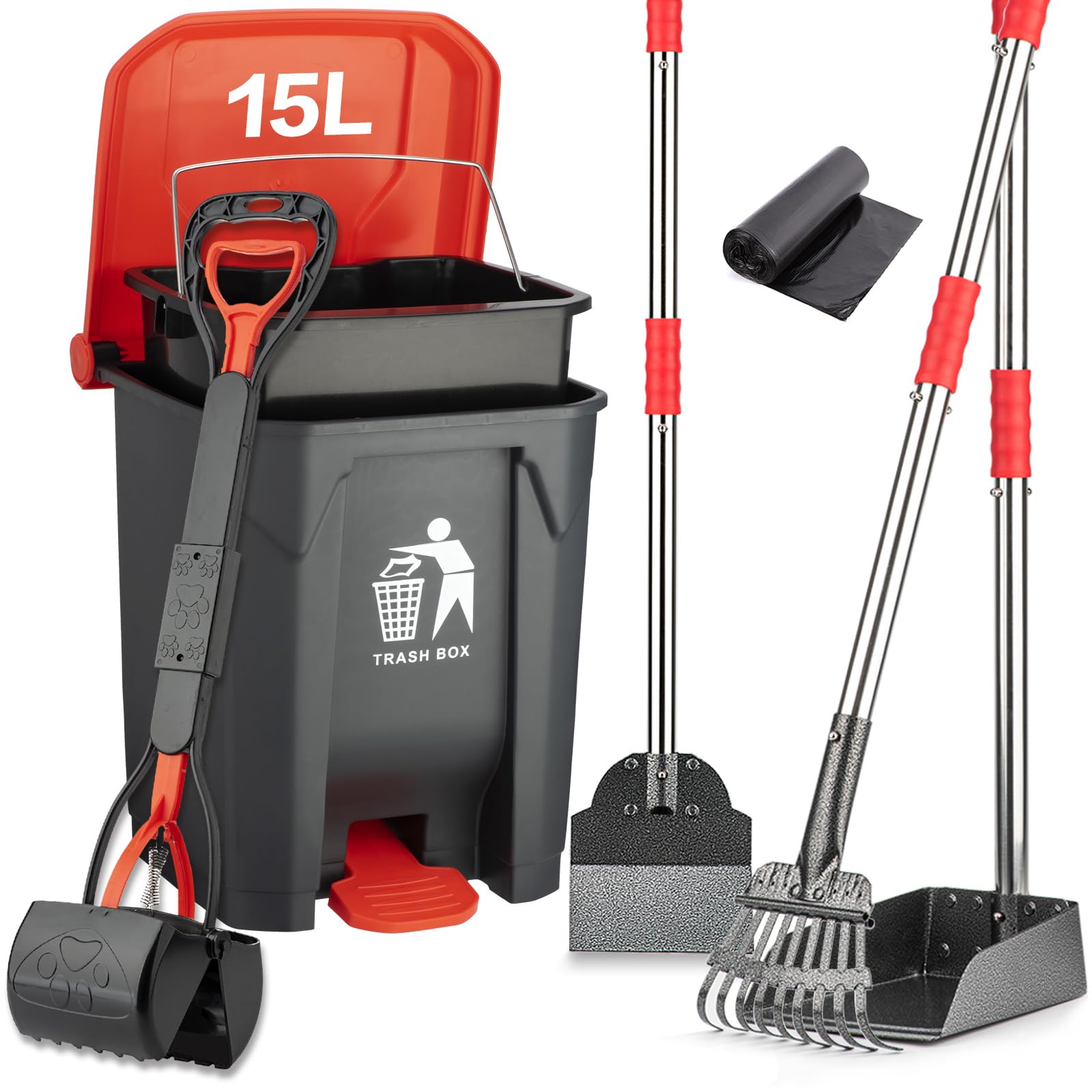 FUSBUNTY Pooper Scooper Set,Dog Poop Tray and Rake Set for Large & Small Dogs Dog Pooper Scooper 15 Litre Step Dog Poop Trash Ca