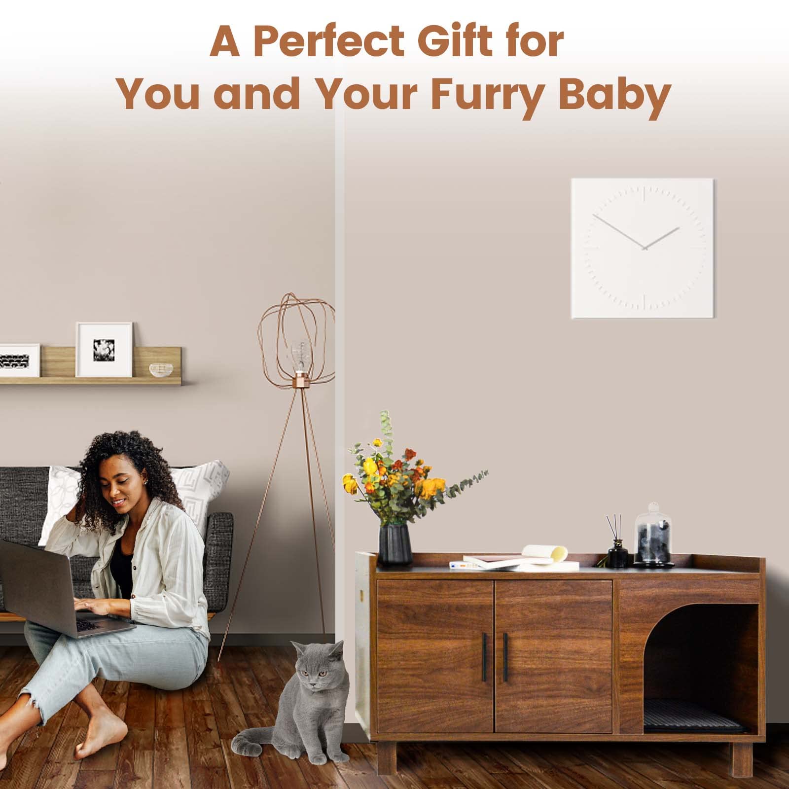 Pluroof Cat Litter Box Enclosure, Modern Cat Washroom Furniture Hidden Litter Box Cabinet As Indoor Decorative Nightstand With Scratching Pad, Rustic Brown