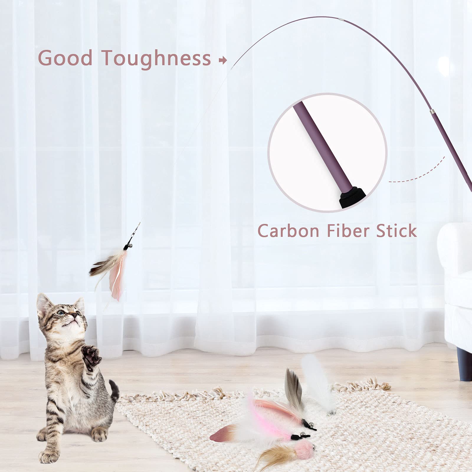 Songway Interactive Cat Feather Toys - 7 Pcs Cat Toy Set, Retractable Cat Wand Toy, Teaser Refills Worm Bird Feathers With Bell, Cat Teaser Toys For Indoor Cats Kitten Play Chase Exercise, Light Pink