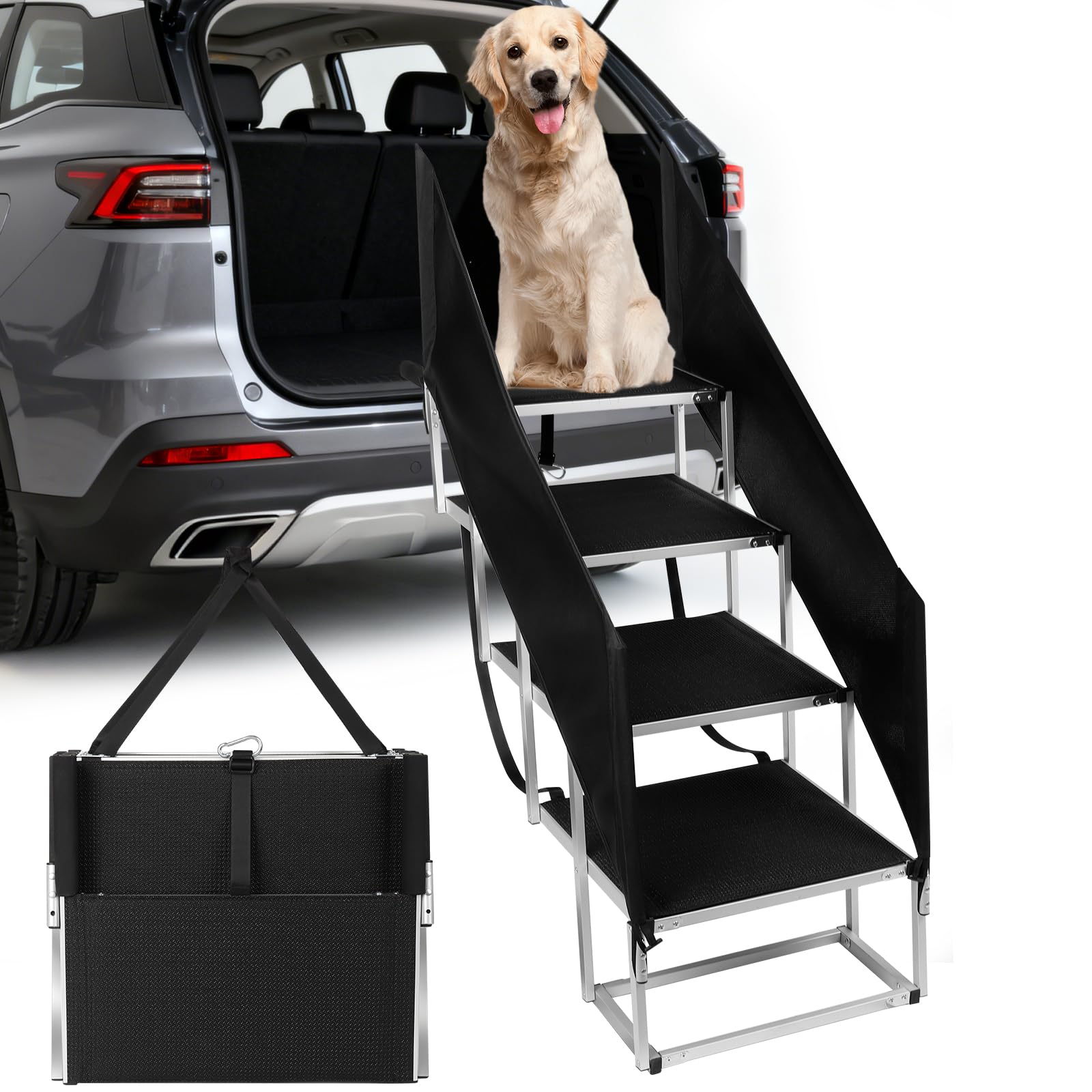 Dog Stairs with Guardrail for Large Dogs Extra Wide 20Inch Step, 34 Inch 4 Step Non Slip Surface, Supports up to 230 lbs Designe