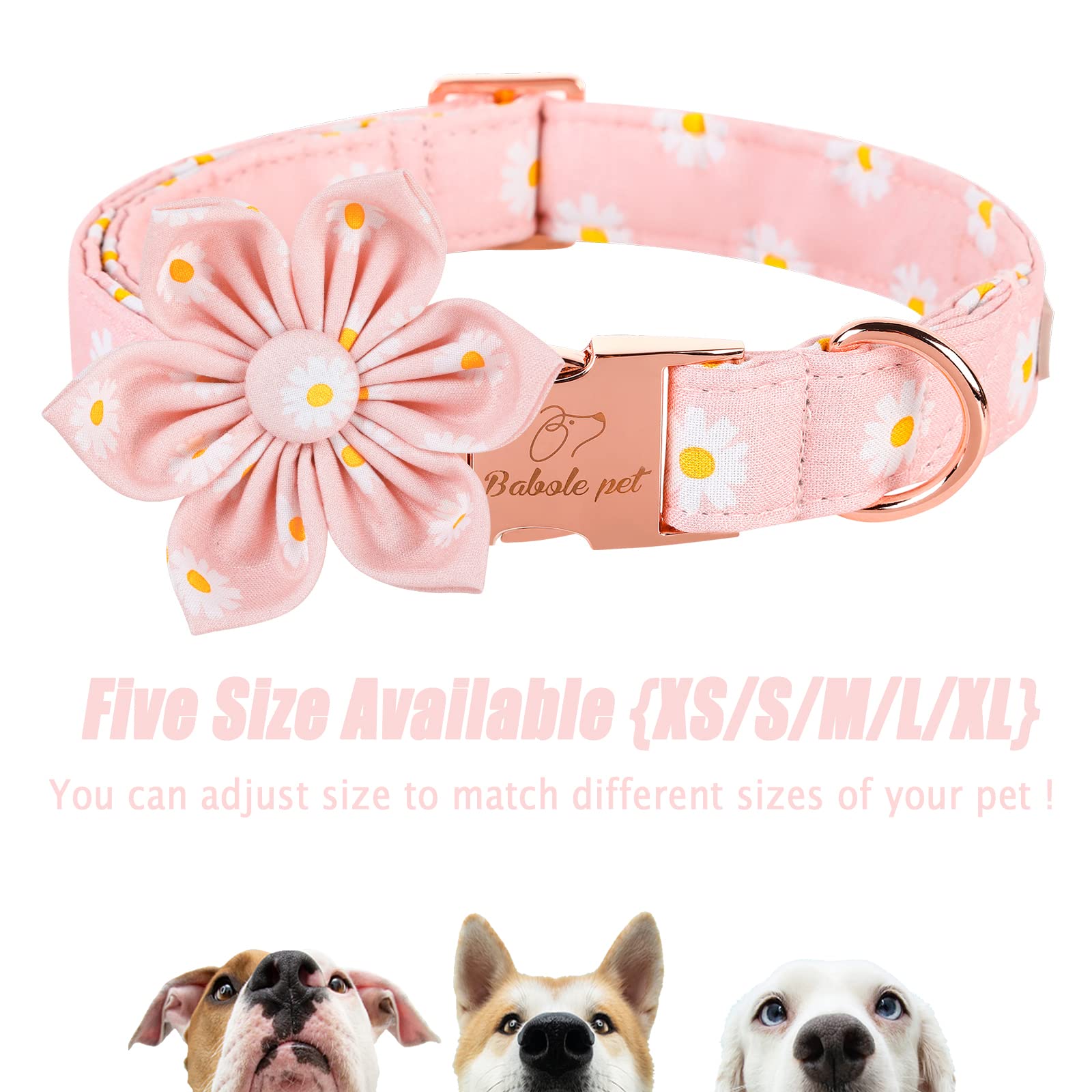 Babole Pet Dog Collar With Pink Daisy Flower Tie,Cotton Dog Collar With Safety Metal Buckle Adjustable Puppy Collars For Small Medium Large Boy&Girl Dog,Small,Neck 10'-16'