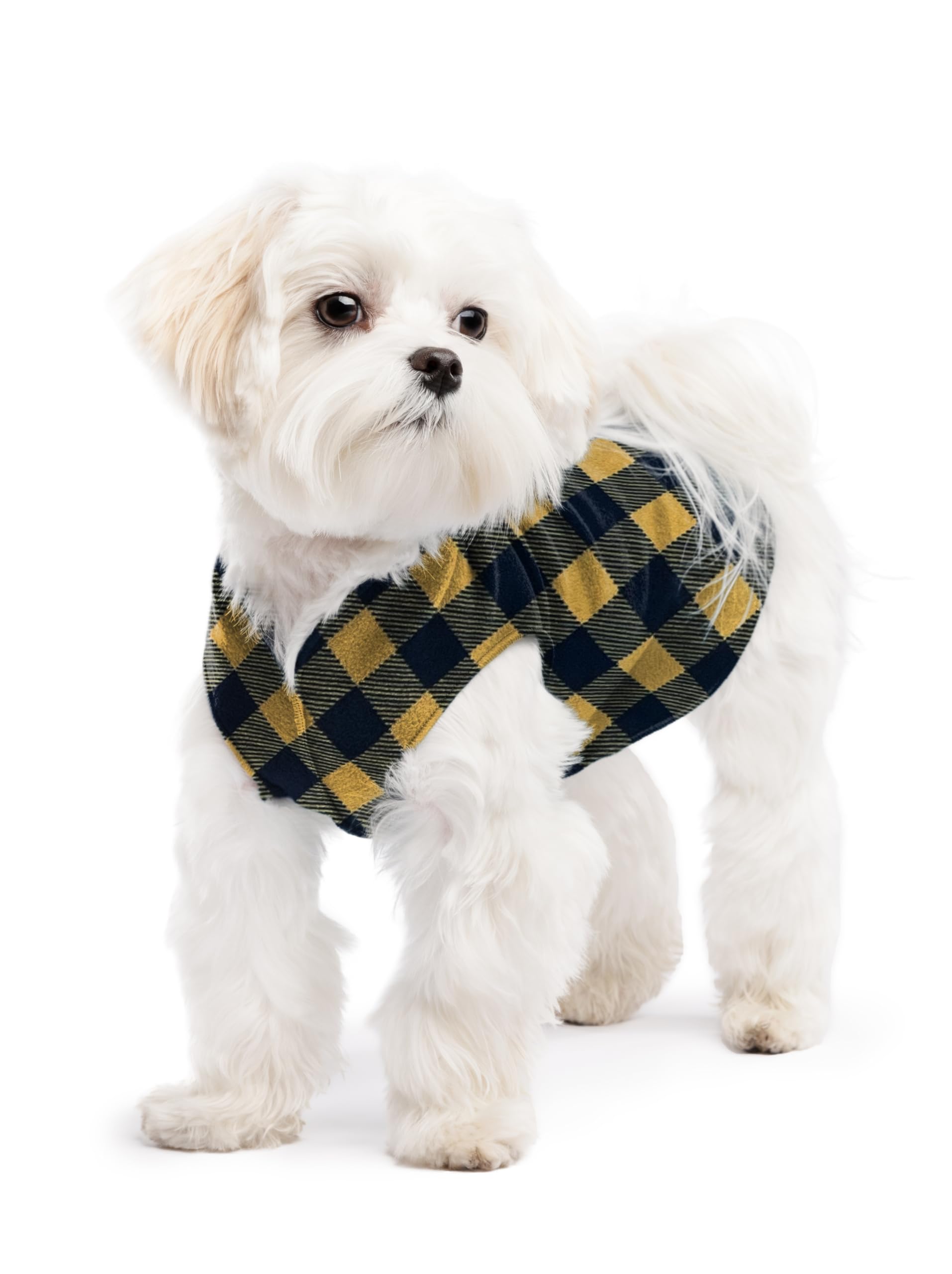 Gold Paw Stretch Fleece Dog Coat, Stretchy Pet Sweater, Machine Washable Pullover For Winter And Fall, Gold Buffalo Check, 8