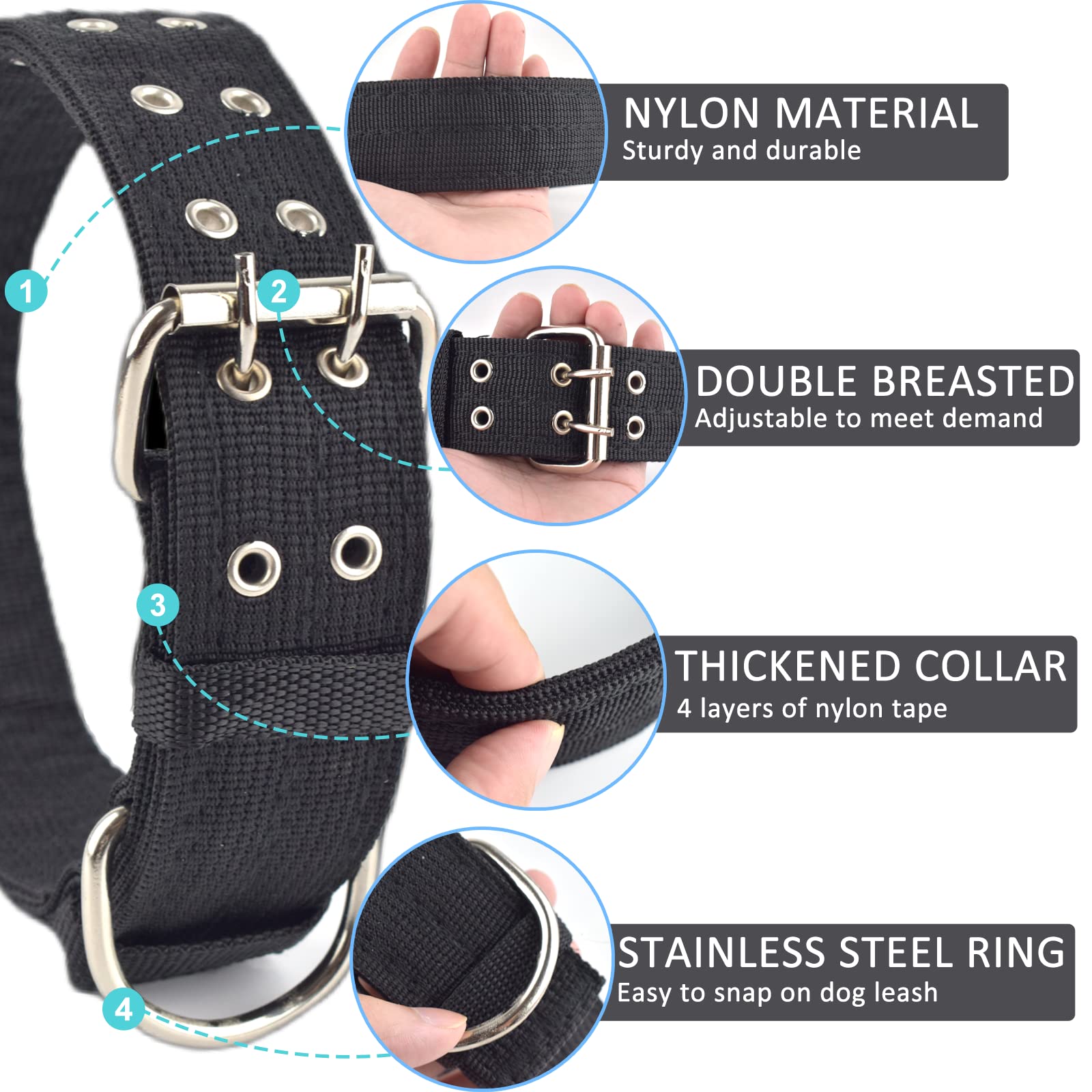 Cdycam Military Adjustable Dog Collar, 1.5 Inch Wide D Ring & Buckle 2-Rows Dog Collar, Black Nylon Tactical Dog Collars For Large Dog
