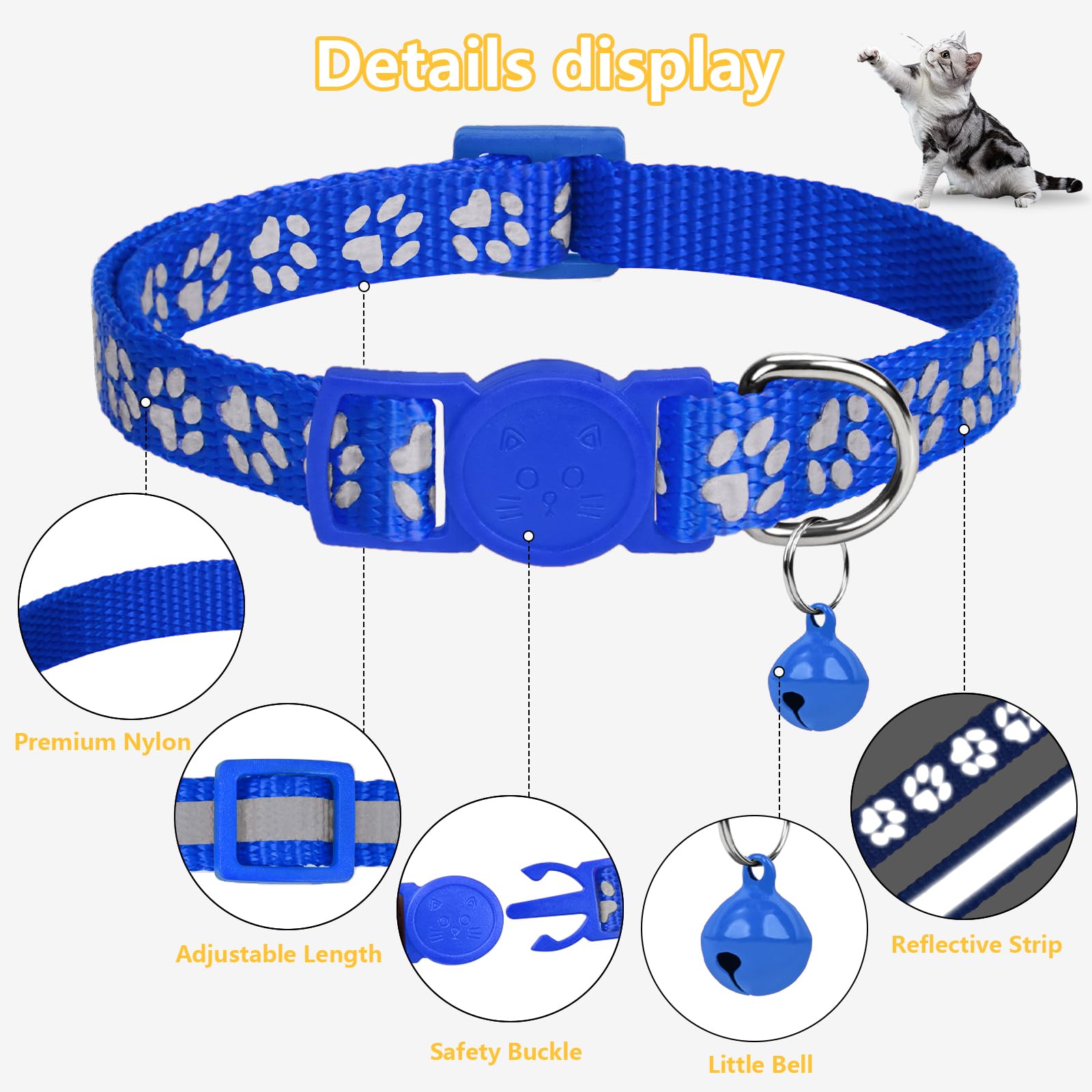 Taglory Reflective Cat Collar Breakaway With Bells, 2 Pack Girl Boy Pet Cat Collar Adjustable 7.5-12.5 Inch, Navy Blue