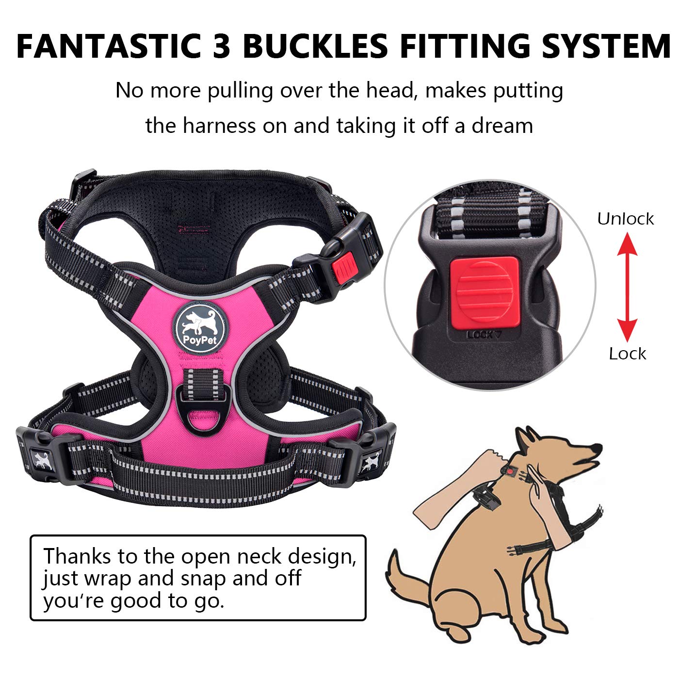 Poypet No Pull Dog Harness, No Choke Front Clip Dog Reflective Harness, Adjustable Soft Padded Pet Vest With Easy Control Handle For Small To Large Dogs(Pink,L)
