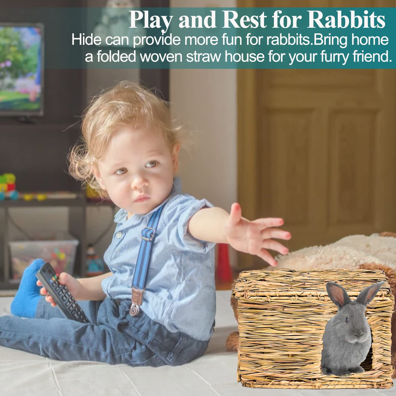 Hercocci Extra Large Grass House For Rabbit, Foldable & Comfortable - Small Animal Hut Play Hideaway Bed Hay Mat Chew Toy For Bunny Guinea Pig Hamster Chinchilla (1 Pack)