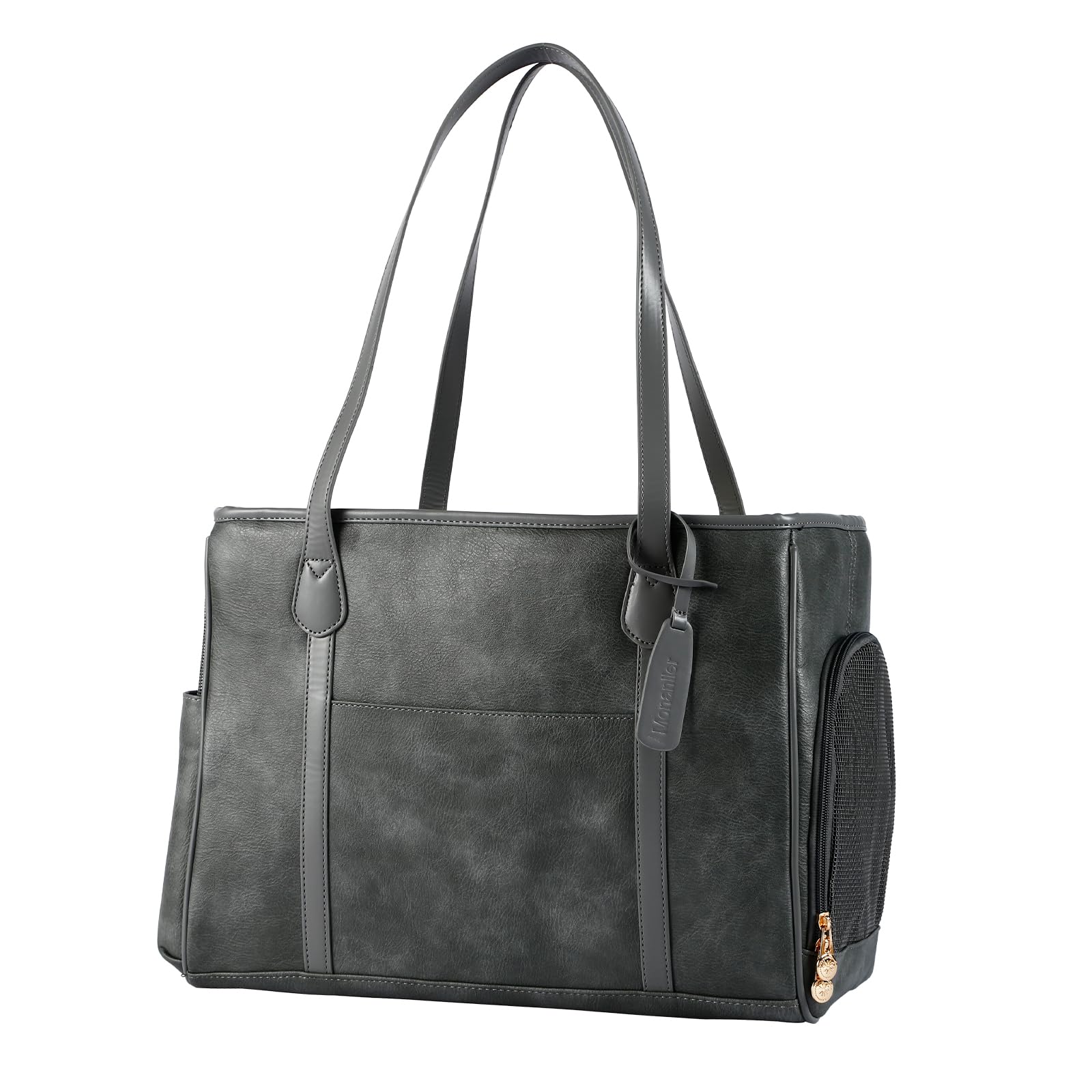 Monanller Stylish Dog Purse Carrier, Leather Pet Carrier Bag For Small Dogs Cats Puppy, Airline Approved Soft-Sided Carrier Grey